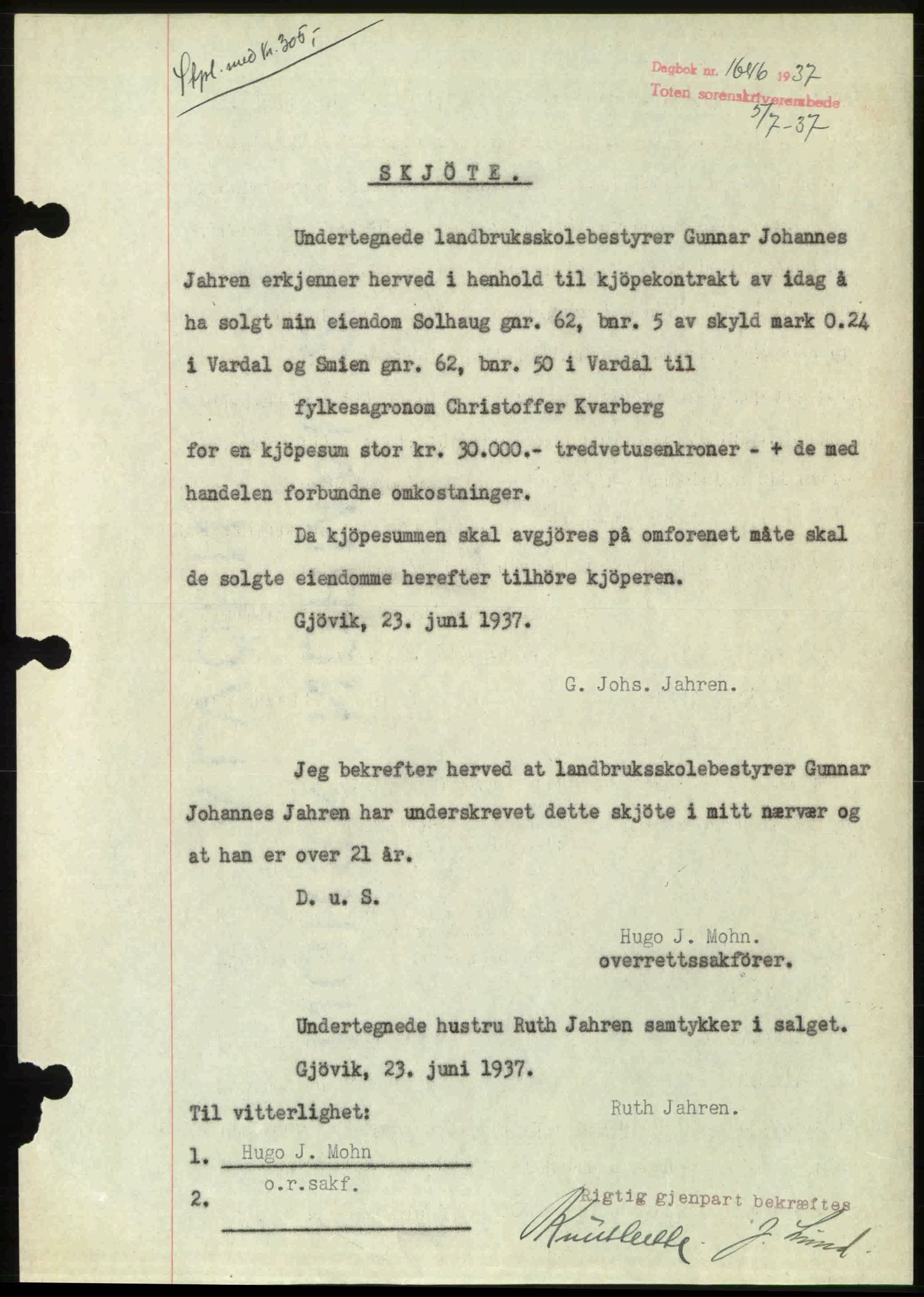 Toten tingrett, SAH/TING-006/H/Hb/Hbc/L0003: Mortgage book no. Hbc-03, 1937-1938, Diary no: : 1646/1937