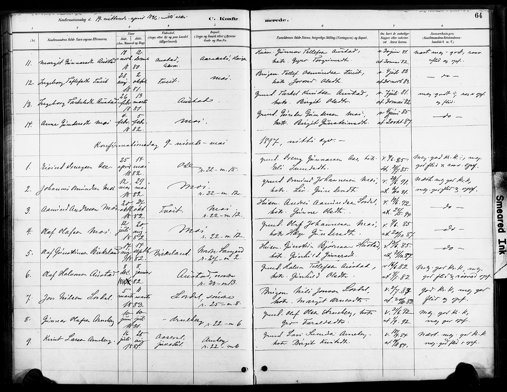 Bygland sokneprestkontor, SAK/1111-0006/F/Fa/Faa/L0001: Parish register (official) no. A 1, 1885-1908, p. 64