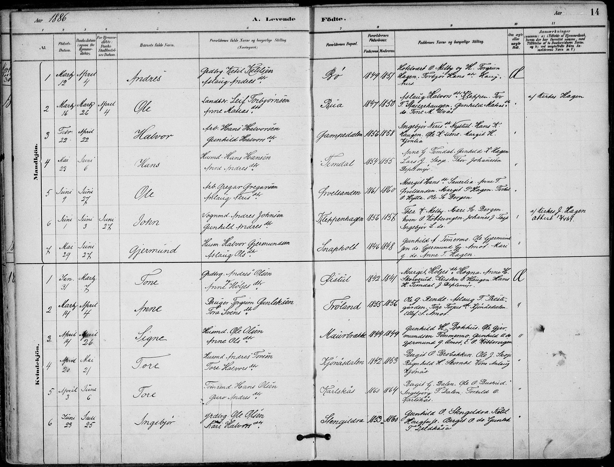 Hjartdal kirkebøker, AV/SAKO-A-270/F/Fb/L0002: Parish register (official) no. II 2, 1880-1932, p. 14