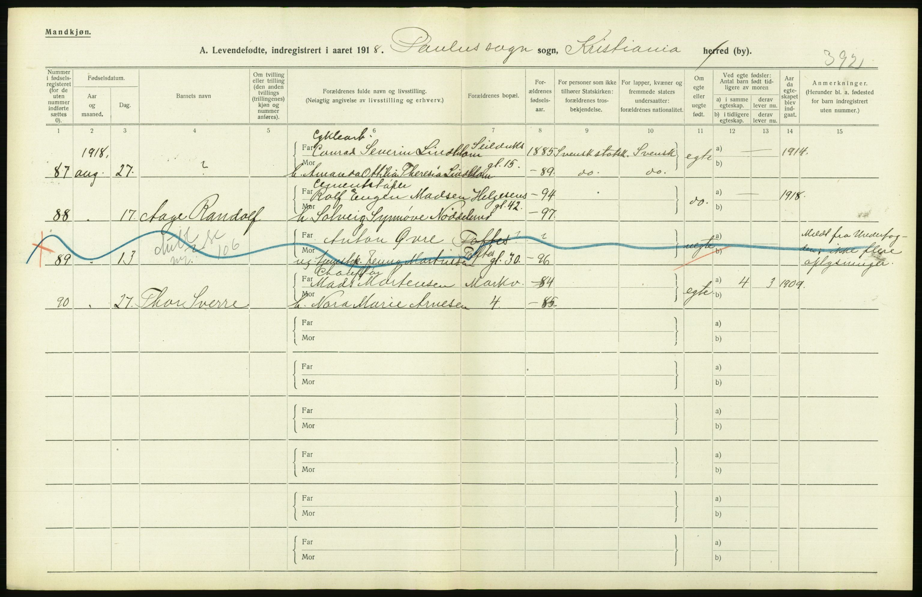 Statistisk sentralbyrå, Sosiodemografiske emner, Befolkning, AV/RA-S-2228/D/Df/Dfb/Dfbh/L0008: Kristiania: Levendefødte menn og kvinner., 1918, p. 646