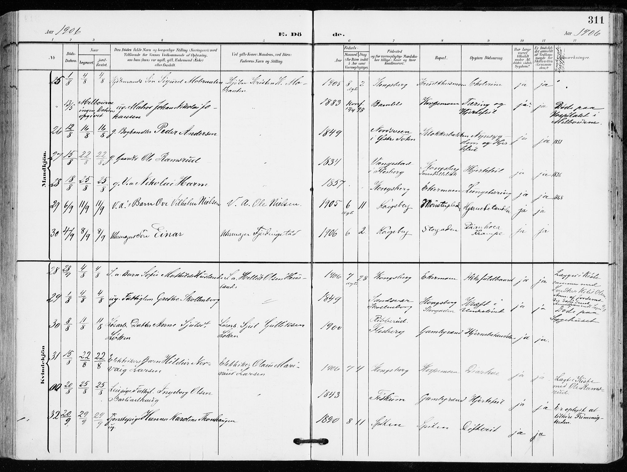 Kongsberg kirkebøker, AV/SAKO-A-22/F/Fb/L0004: Parish register (official) no. II 4, 1906-1918, p. 311