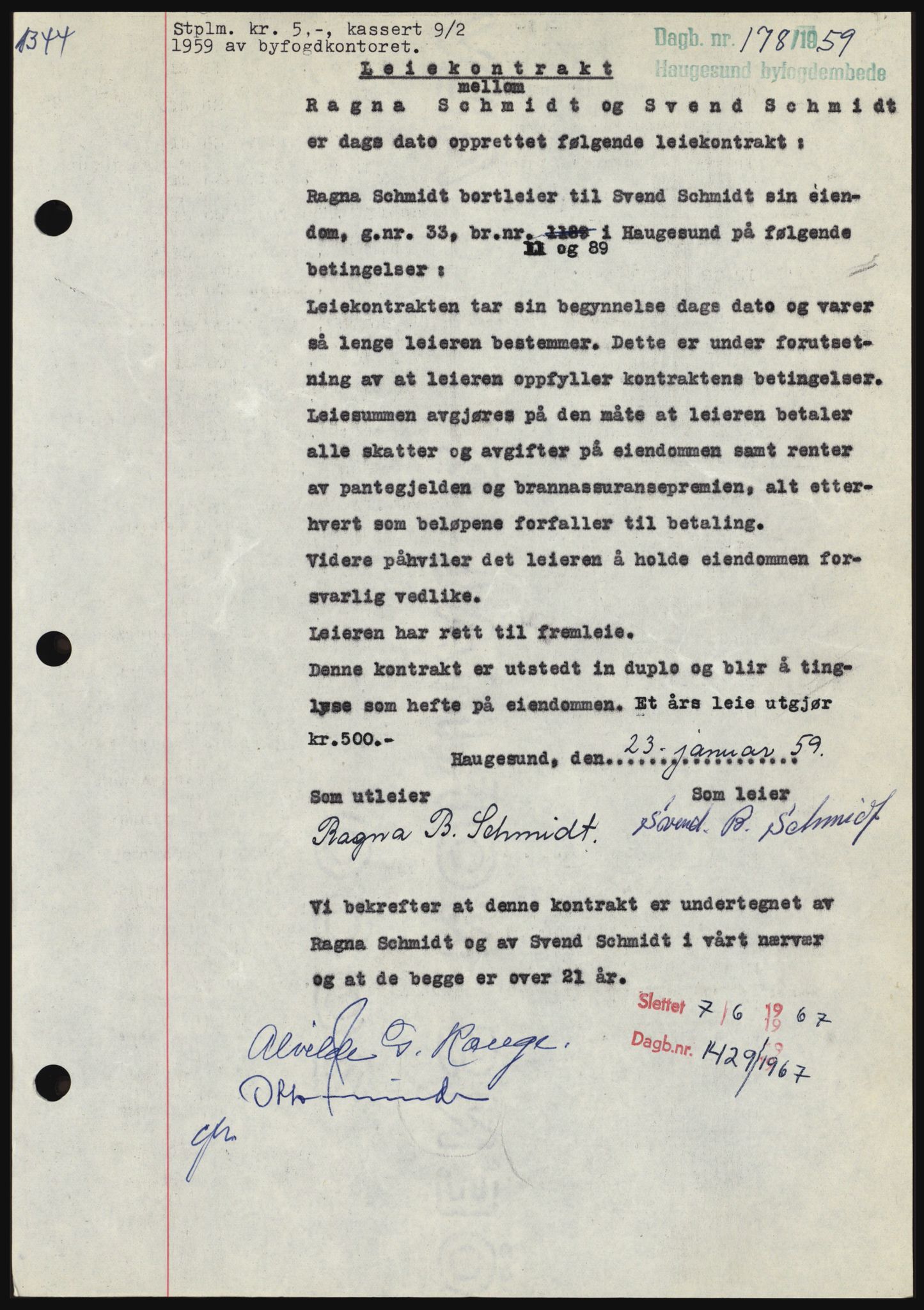 Haugesund tingrett, SAST/A-101415/01/II/IIC/L0044: Mortgage book no. B 44, 1958-1959, Diary no: : 178/1959