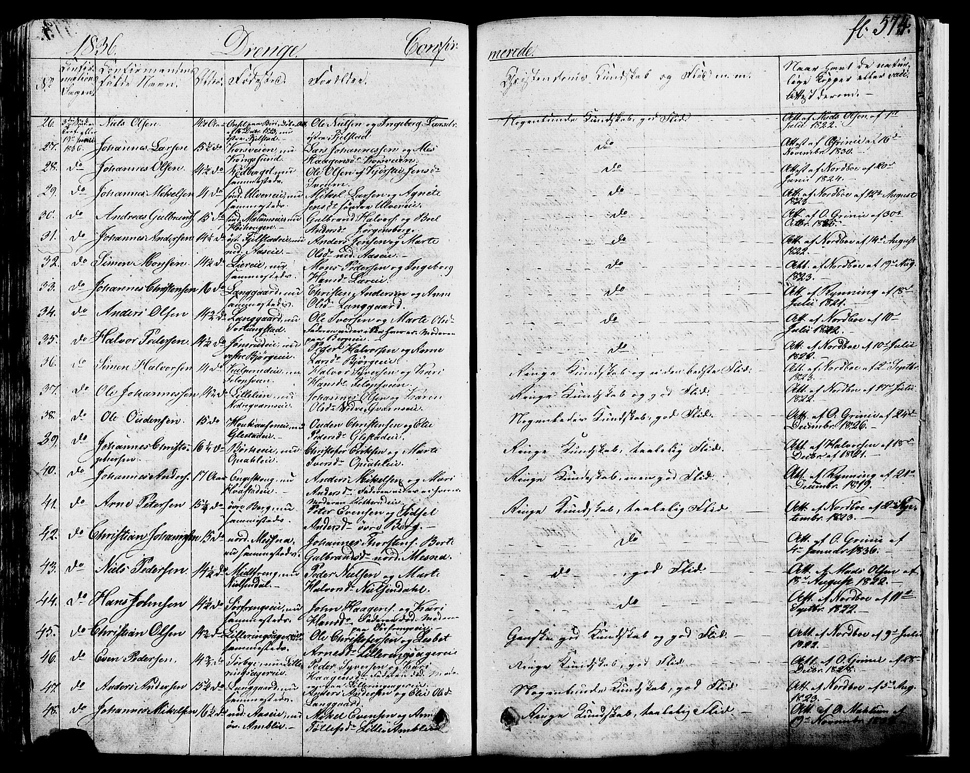 Ringsaker prestekontor, AV/SAH-PREST-014/K/Ka/L0007: Parish register (official) no. 7B, 1826-1837, p. 574