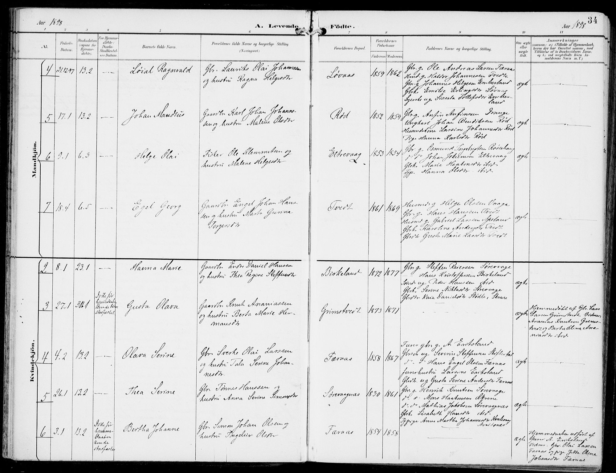 Sveio Sokneprestembete, AV/SAB-A-78501/H/Haa: Parish register (official) no. B  3, 1894-1906, p. 34