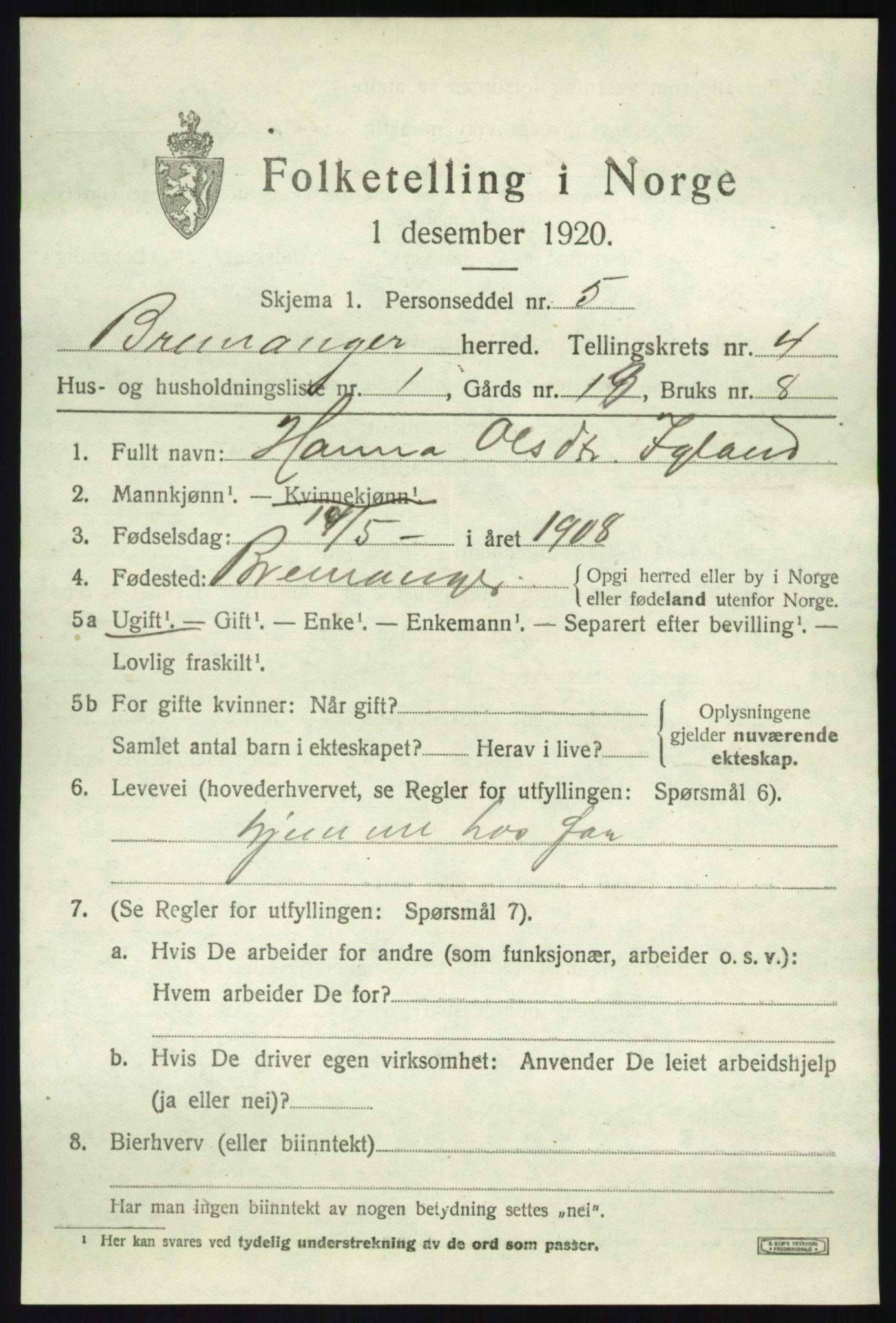 SAB, 1920 census for Bremanger, 1920, p. 2766