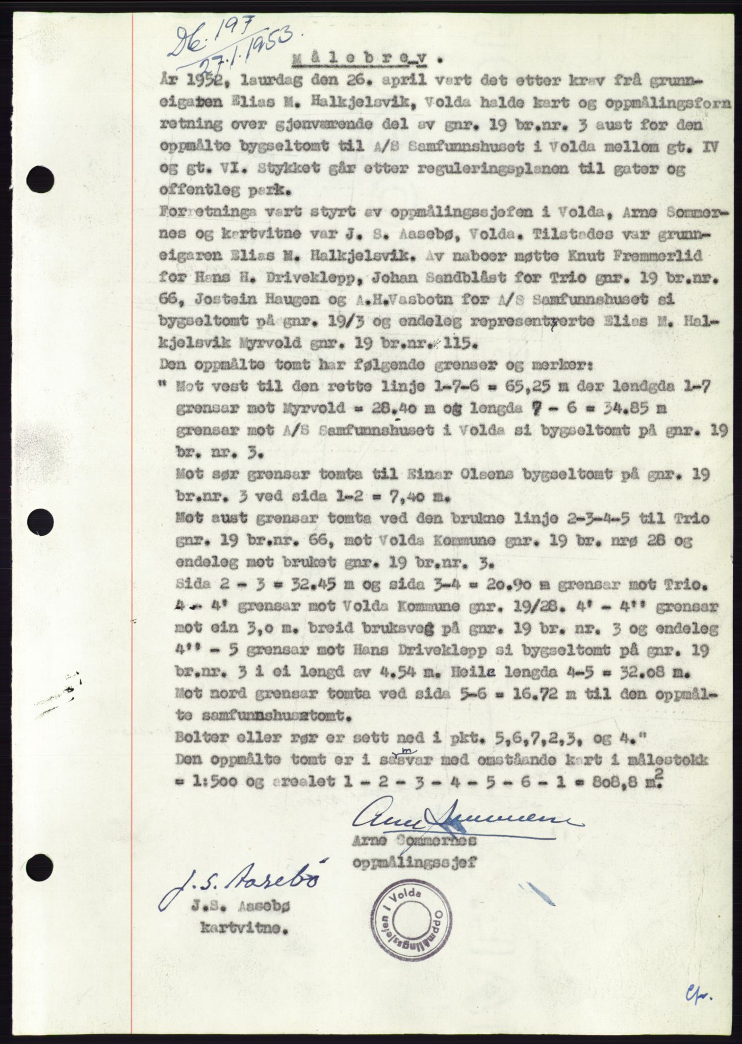 Søre Sunnmøre sorenskriveri, AV/SAT-A-4122/1/2/2C/L0094: Mortgage book no. 20A, 1953-1953, Diary no: : 197/1953