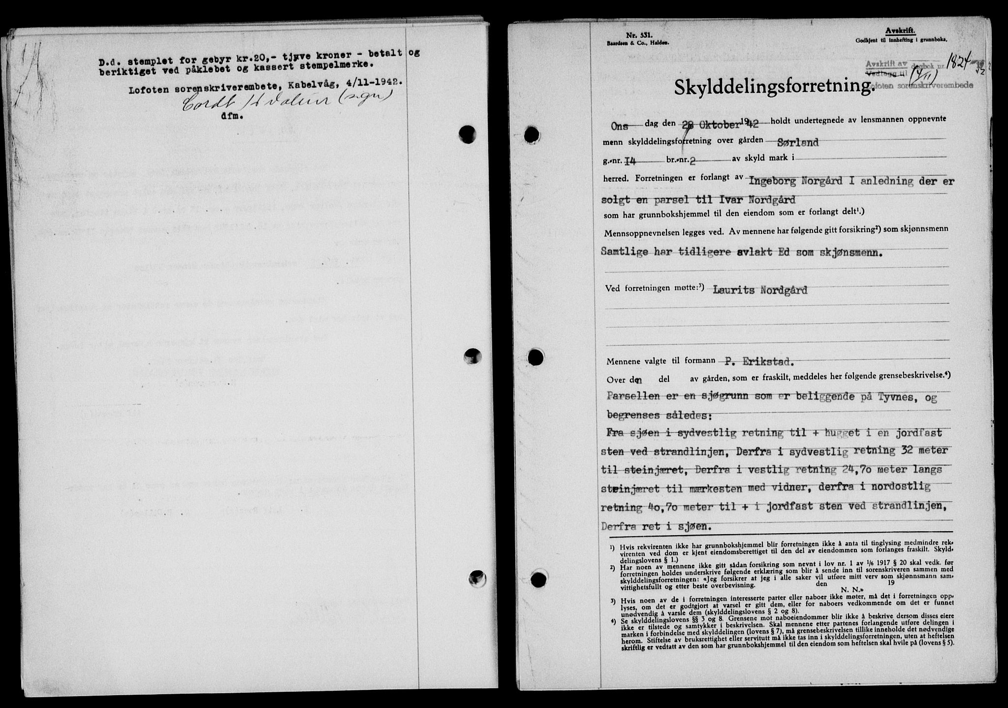 Lofoten sorenskriveri, SAT/A-0017/1/2/2C/L0010a: Mortgage book no. 10a, 1942-1943, Diary no: : 1824/1942