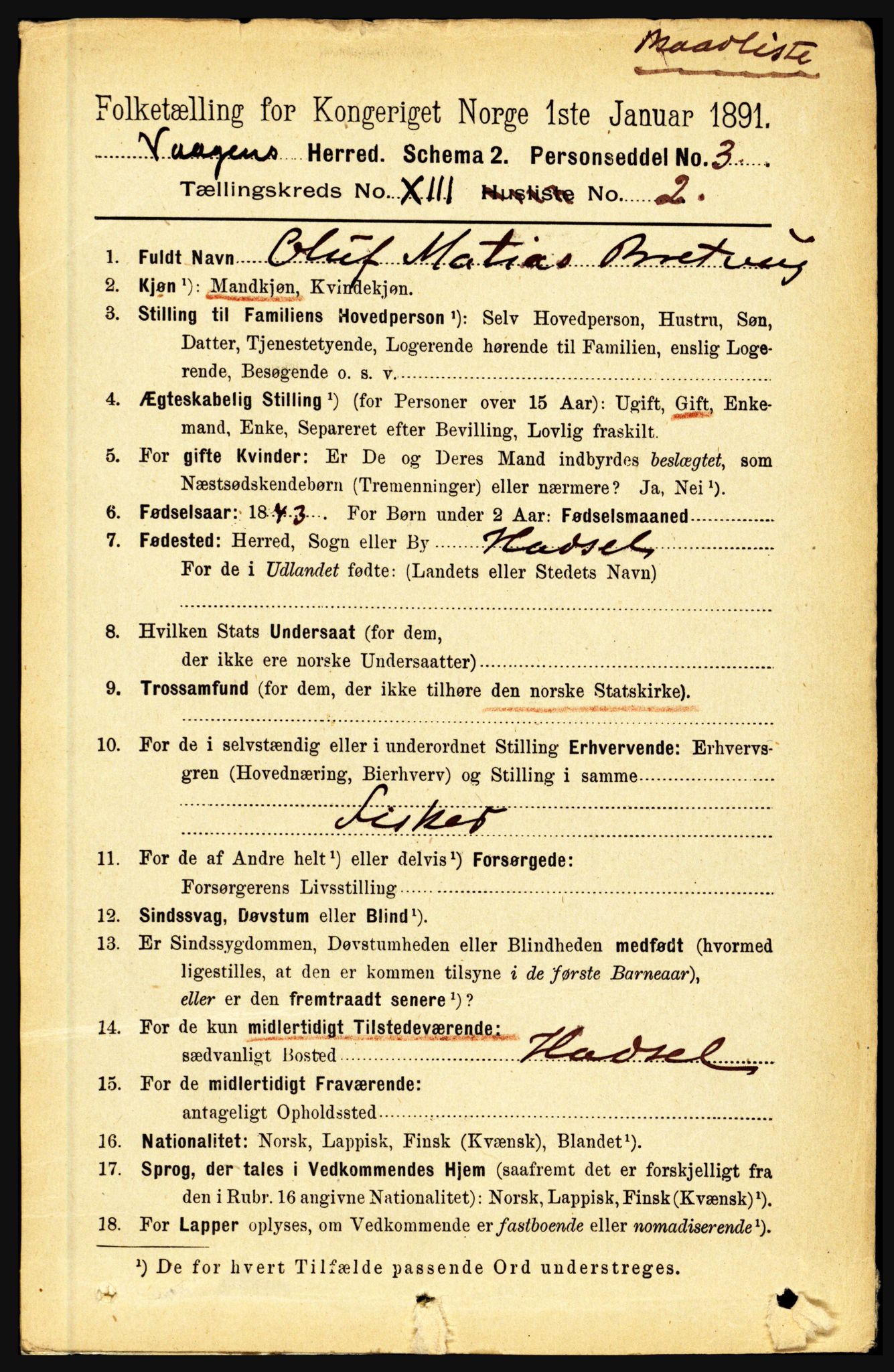 RA, 1891 census for 1865 Vågan, 1891, p. 3611