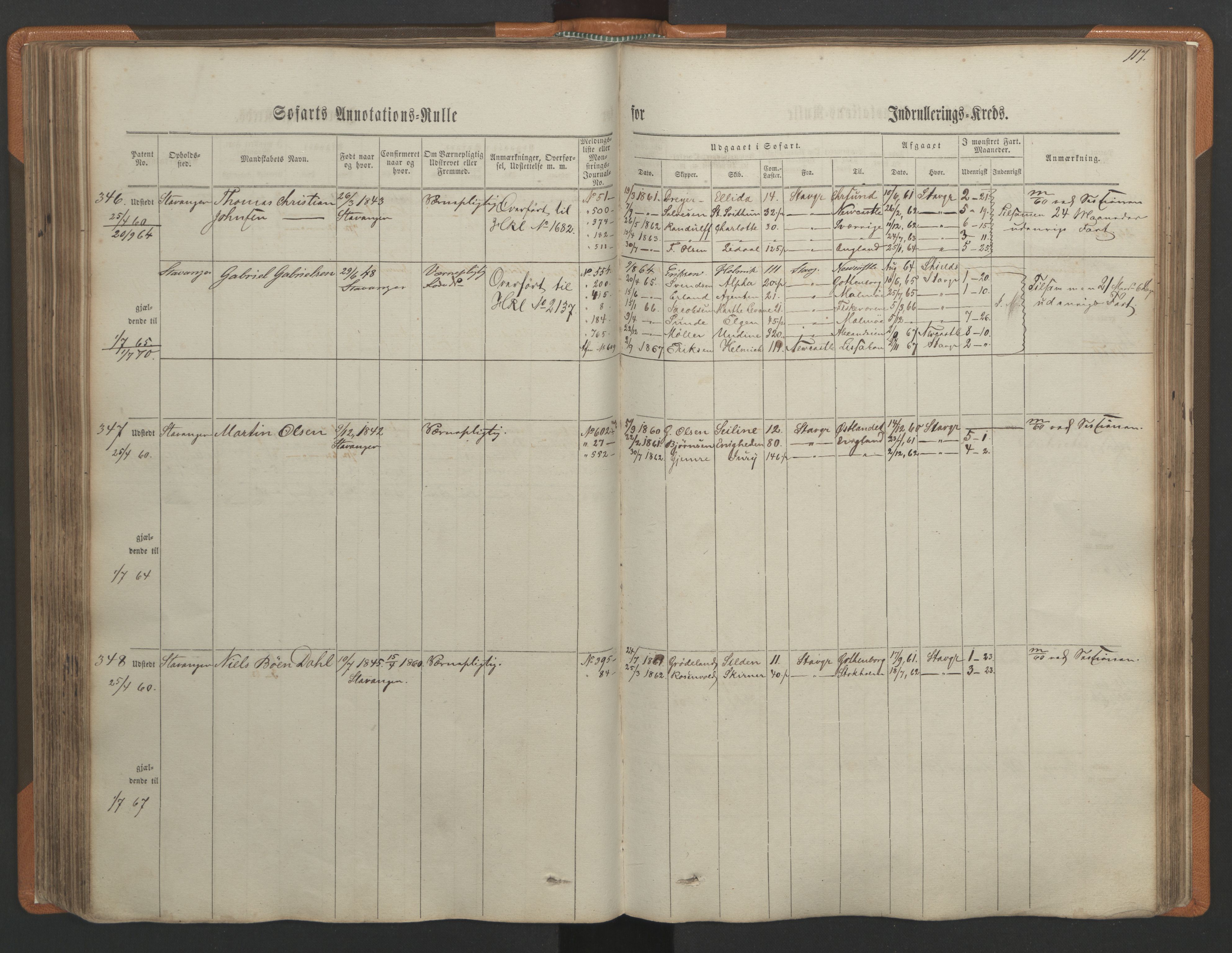 Stavanger sjømannskontor, AV/SAST-A-102006/F/Ff/L0001: Annotasjonsrulle, patentnr. 1-597 (del 1), 1860-1864, p. 126