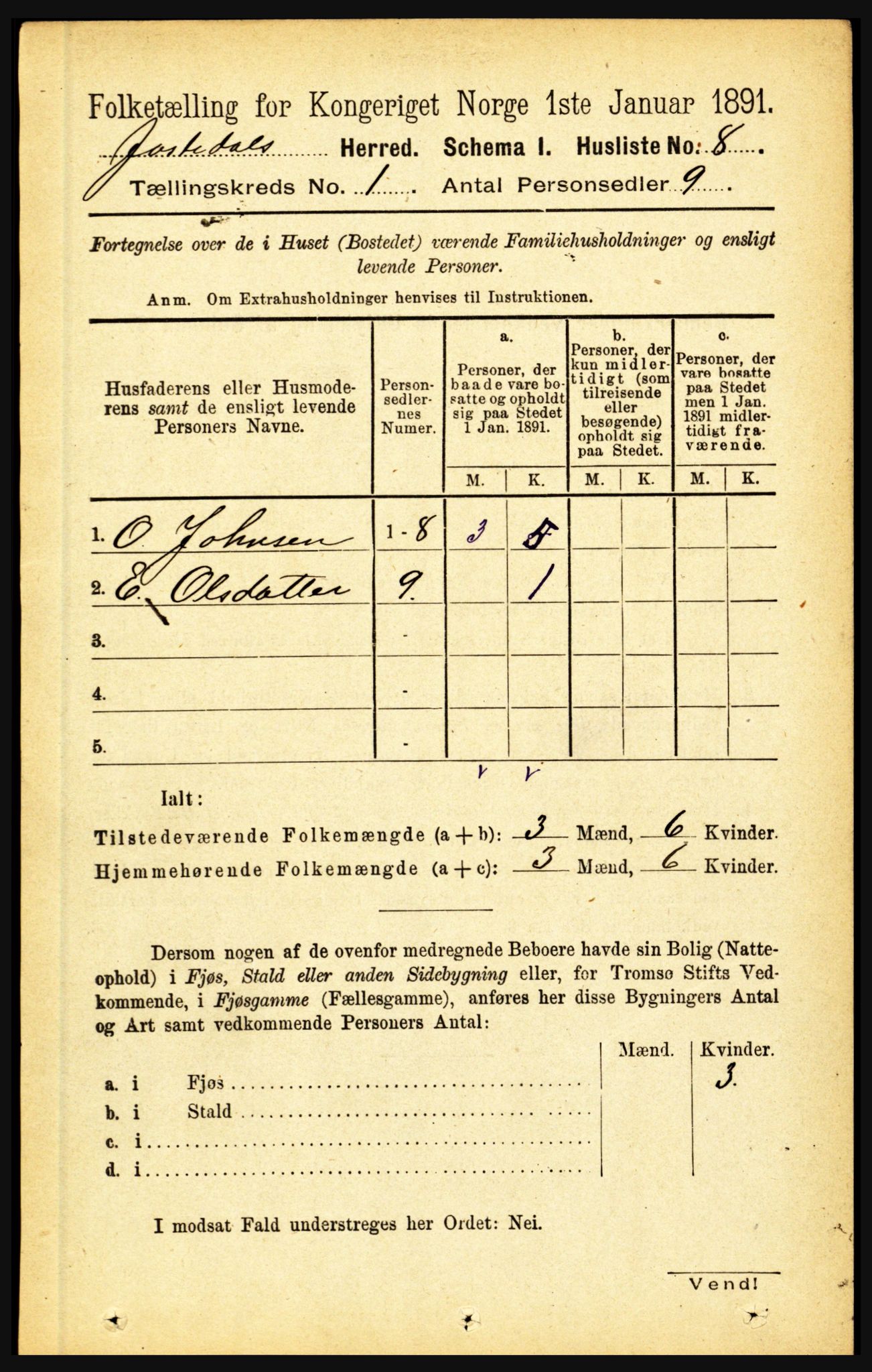 RA, 1891 census for 1427 Jostedal, 1891, p. 21