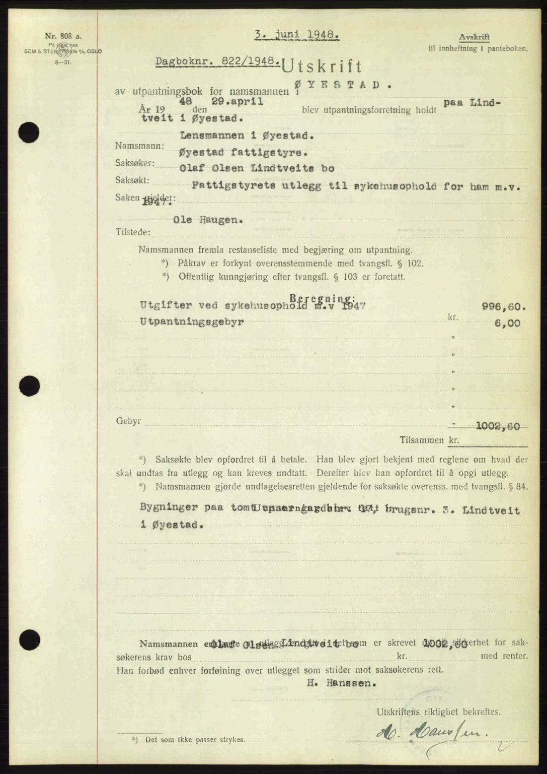 Nedenes sorenskriveri, SAK/1221-0006/G/Gb/Gba/L0059: Mortgage book no. A11, 1948-1948, Diary no: : 822/1948