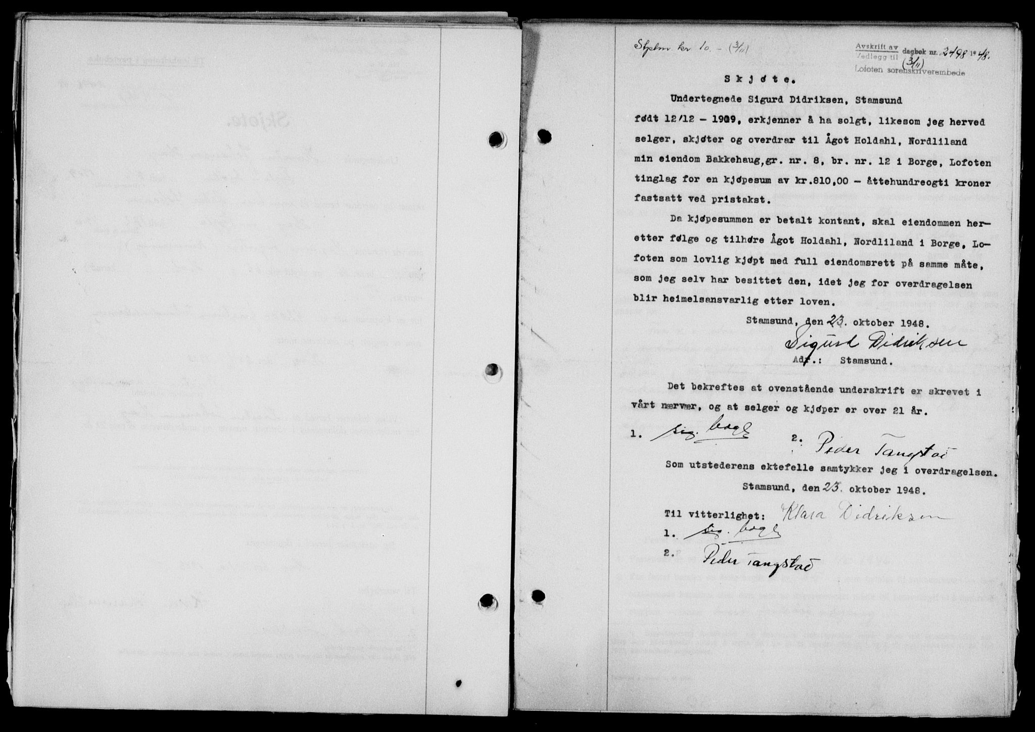Lofoten sorenskriveri, SAT/A-0017/1/2/2C/L0019a: Mortgage book no. 19a, 1948-1948, Diary no: : 2498/1948
