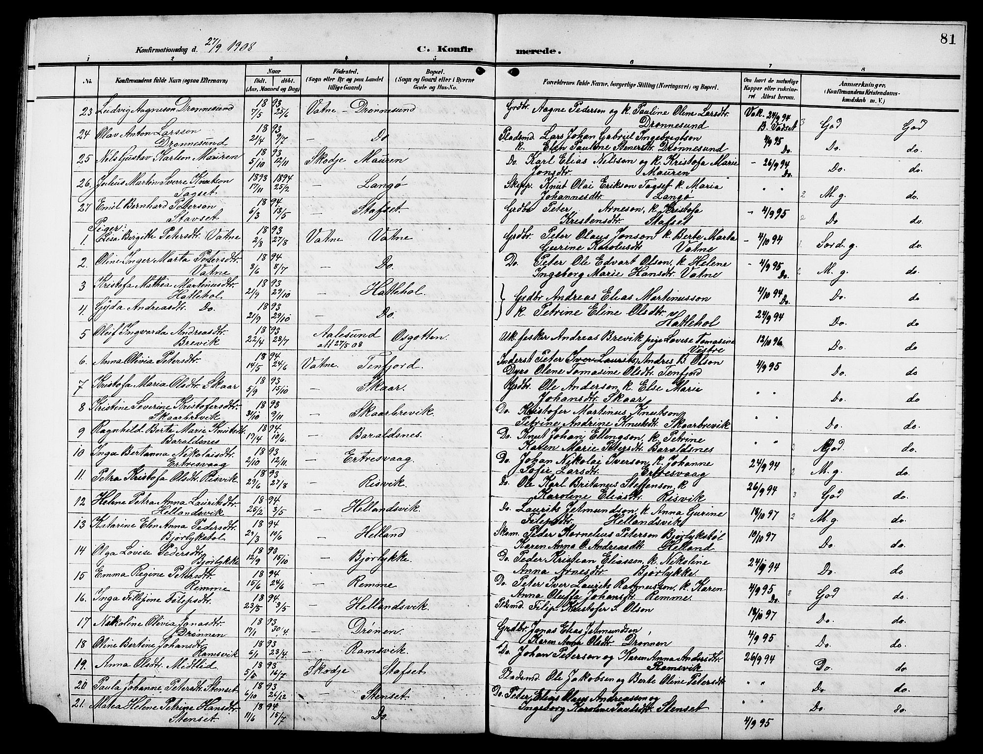 Ministerialprotokoller, klokkerbøker og fødselsregistre - Møre og Romsdal, AV/SAT-A-1454/525/L0377: Parish register (copy) no. 525C03, 1903-1917, p. 81