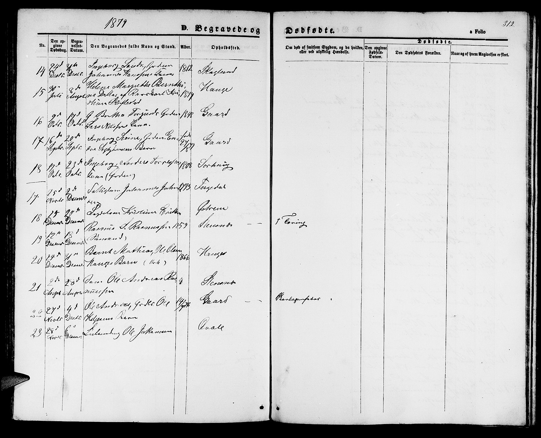 Haugesund sokneprestkontor, AV/SAST-A -101863/H/Ha/Hab/L0001: Parish register (copy) no. B 1, 1873-1881, p. 312