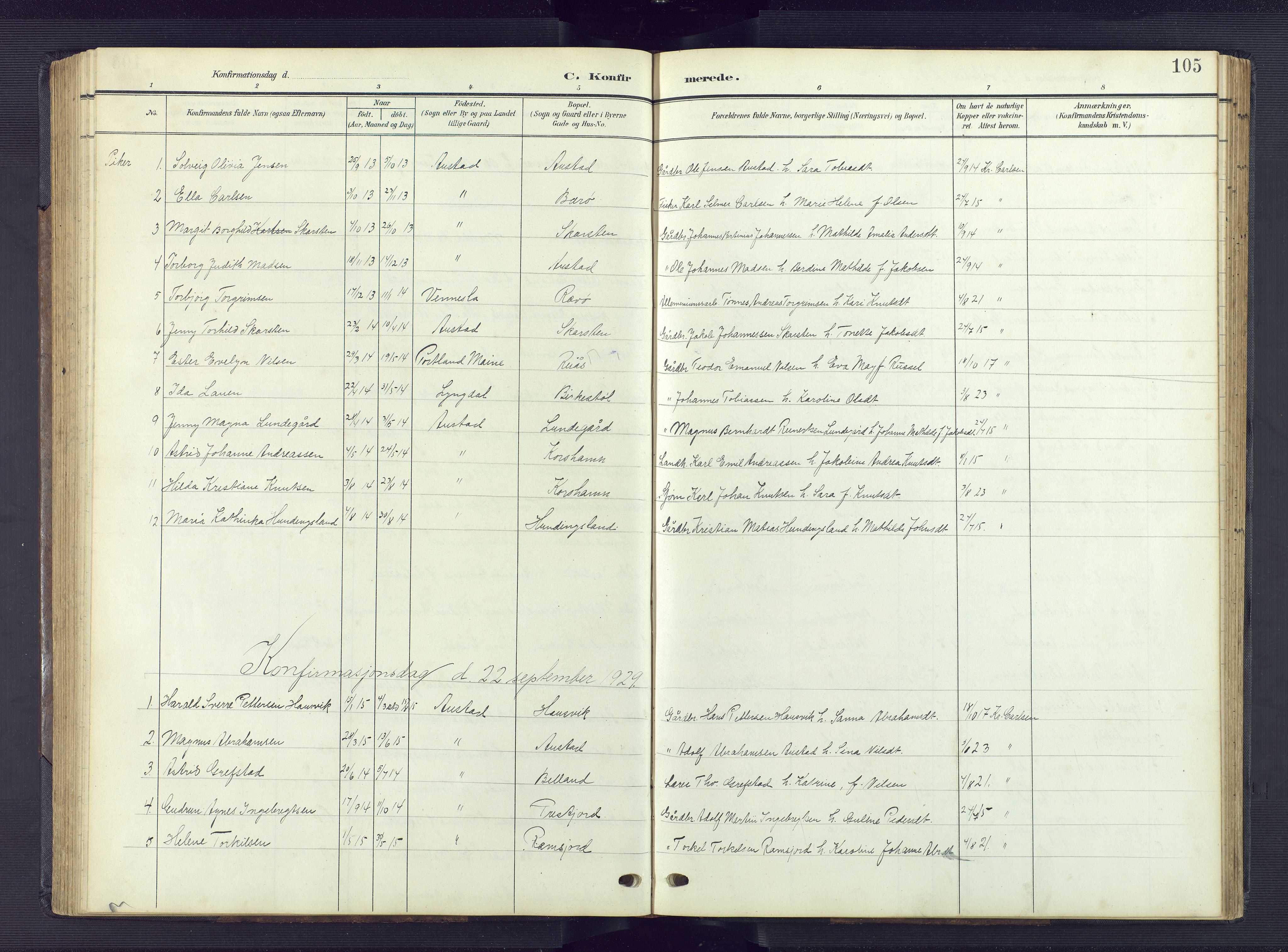 Lyngdal sokneprestkontor, SAK/1111-0029/F/Fb/Fba/L0004: Parish register (copy) no. B 4, 1904-1950, p. 105