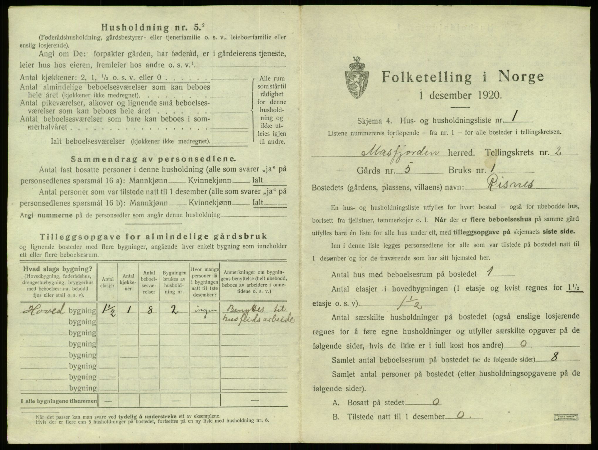 SAB, 1920 census for Masfjorden, 1920, p. 97