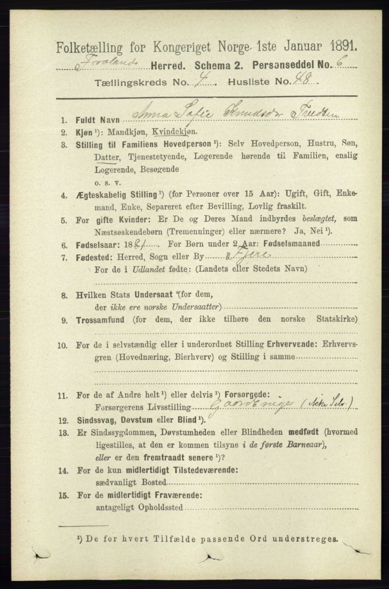 RA, 1891 census for 0919 Froland, 1891, p. 1692