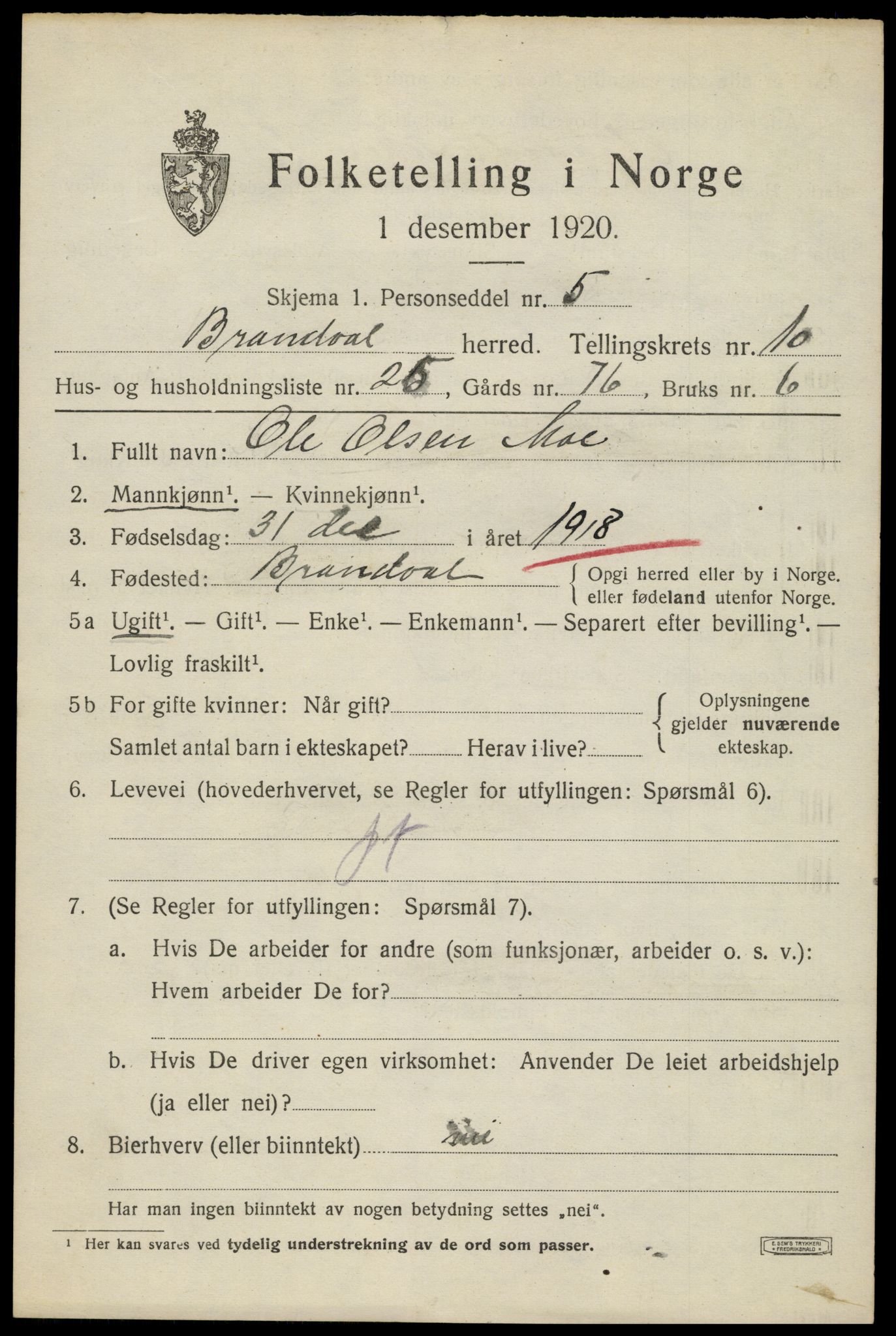 SAH, 1920 census for Brandval, 1920, p. 8042
