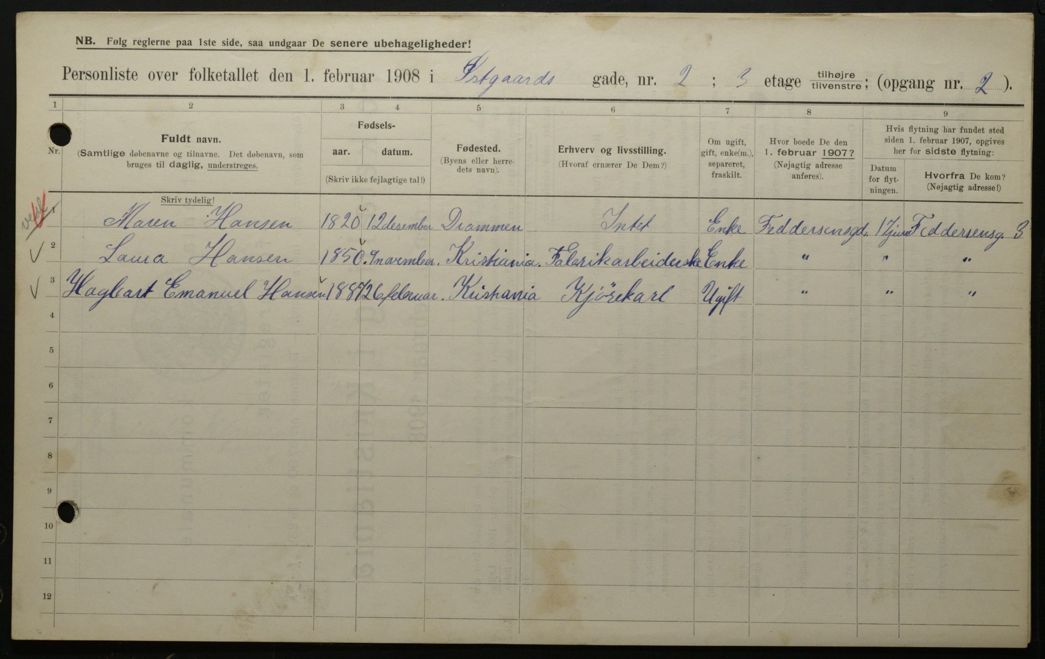 OBA, Municipal Census 1908 for Kristiania, 1908, p. 115912