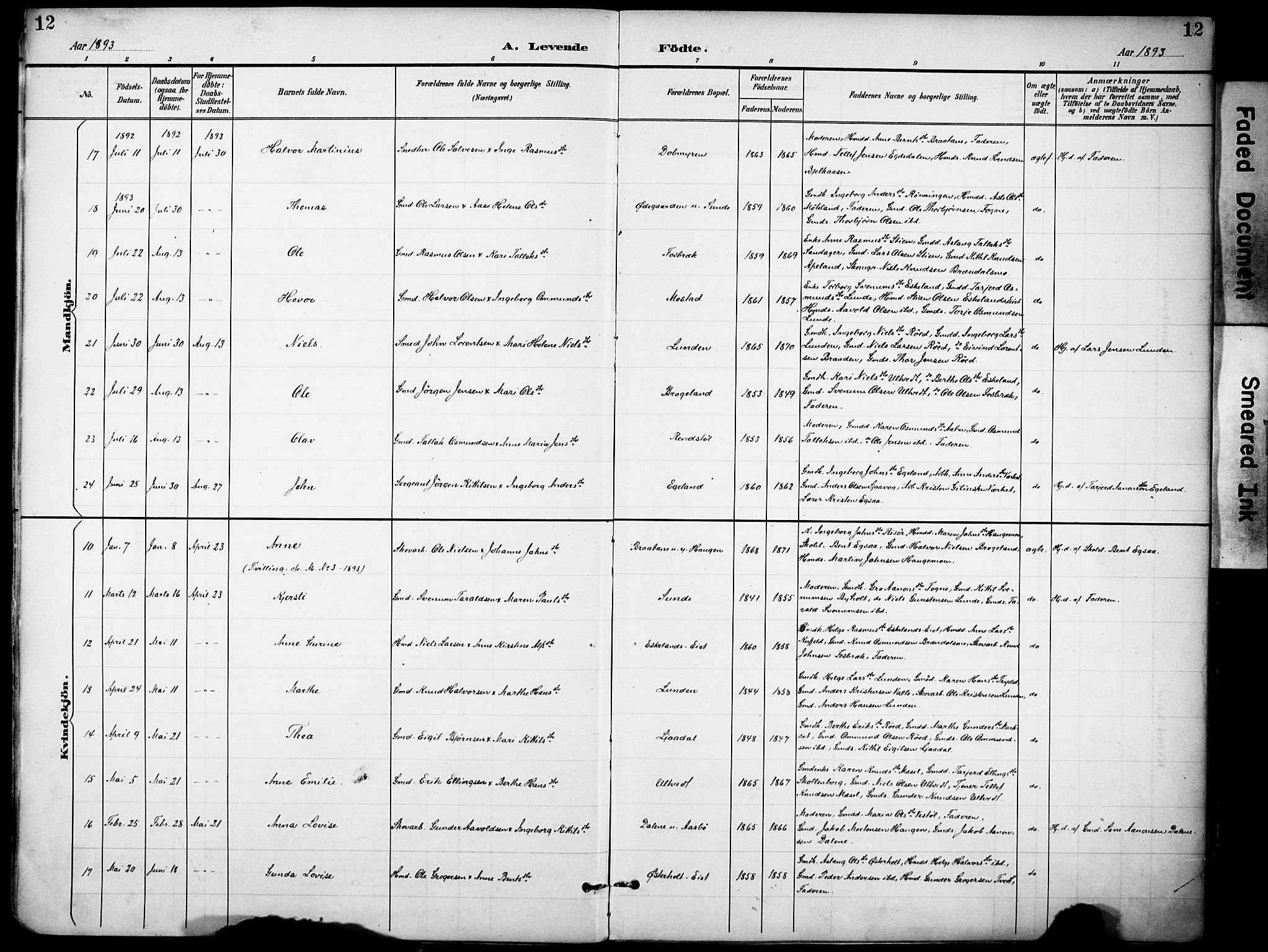 Gjerstad sokneprestkontor, SAK/1111-0014/F/Fa/Faa/L0010: Parish register (official) no. A 10, 1891-1902, p. 12