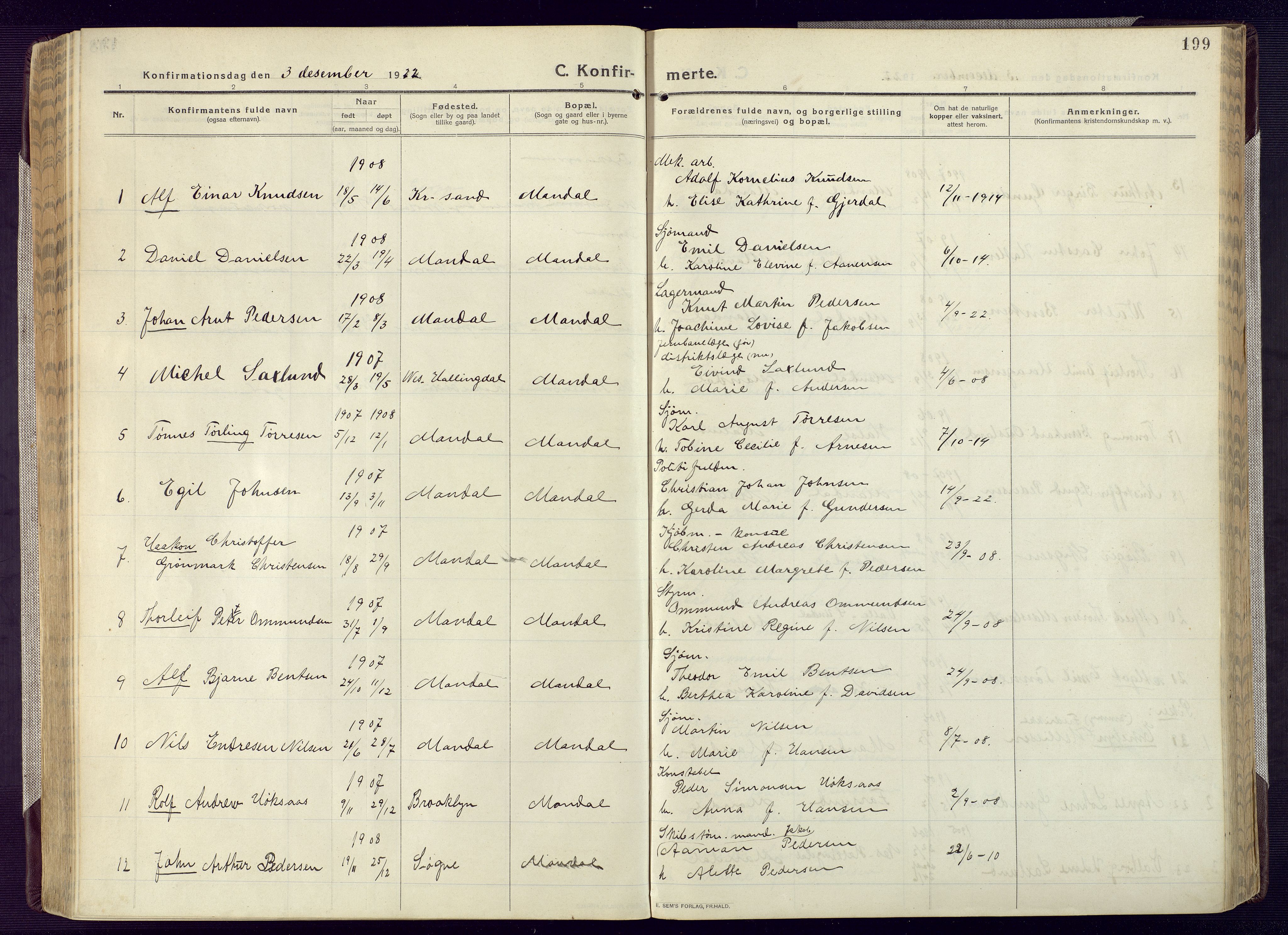 Mandal sokneprestkontor, AV/SAK-1111-0030/F/Fa/Fac/L0001: Parish register (official) no. A 1, 1913-1925, p. 199