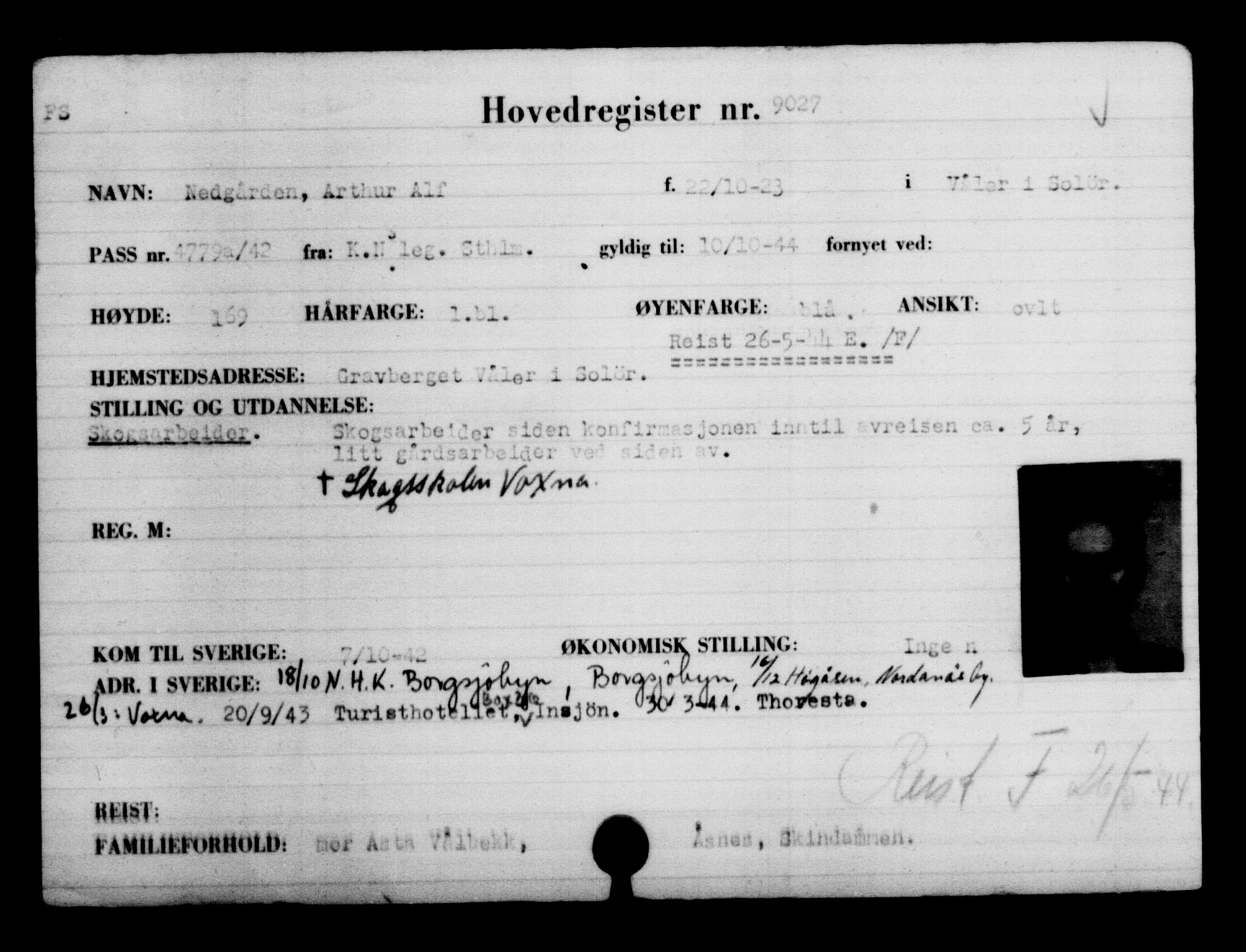 Utenriksstasjonene, Legasjonen i Stockholm, Flyktningkontoret, AV/RA-S-6753/V/Va/L0005: Kjesäterkartoteket, flyktninger med registreringsnr. 6600-9417, 1940-1945, p. 2851