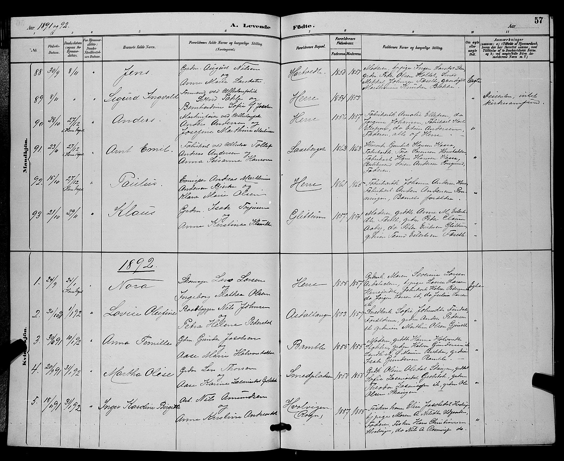 Bamble kirkebøker, SAKO/A-253/G/Ga/L0009: Parish register (copy) no. I 9, 1888-1900, p. 57