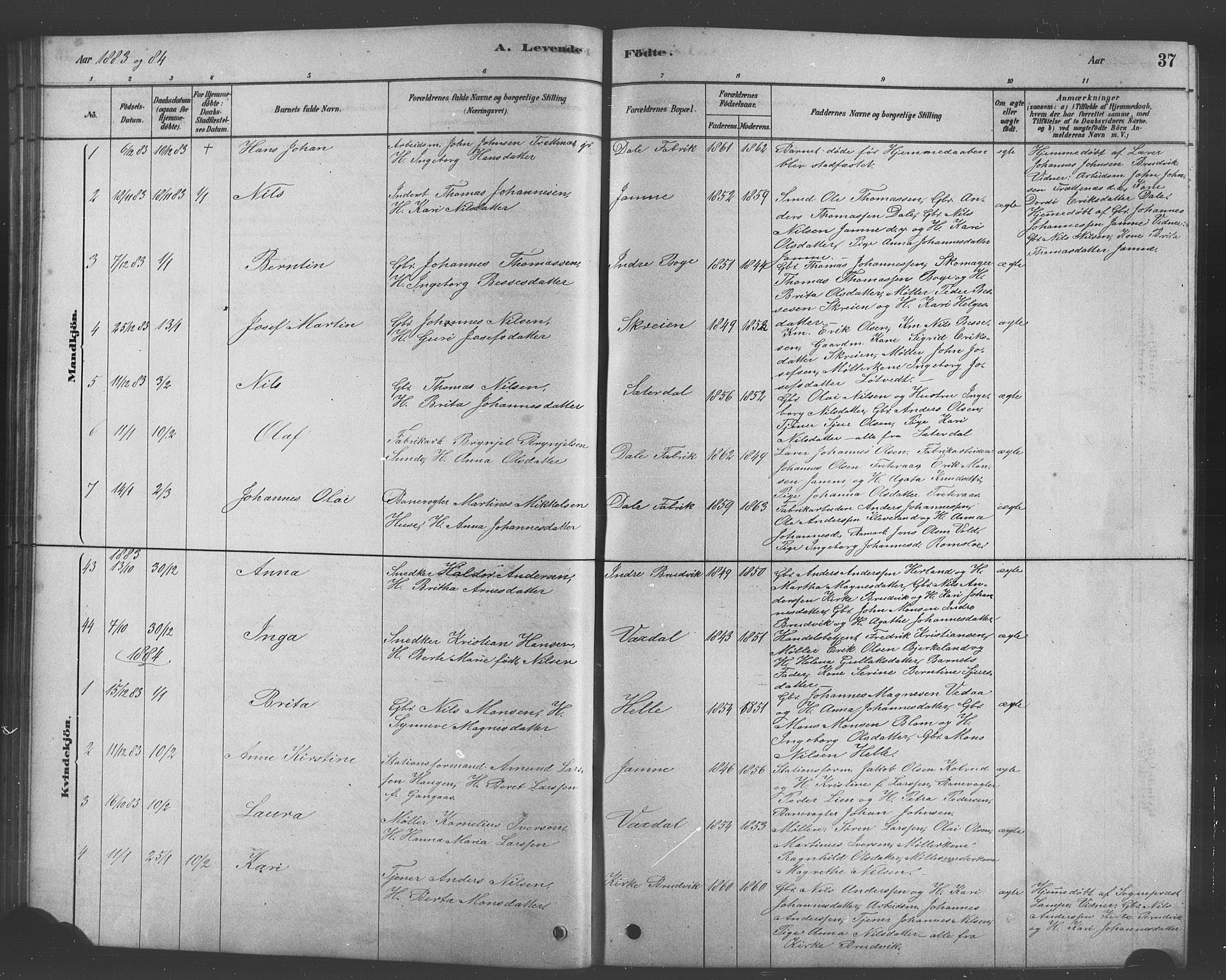 Bruvik Sokneprestembete, SAB/A-74701/H/Hab: Parish register (copy) no. A 1, 1878-1907, p. 37