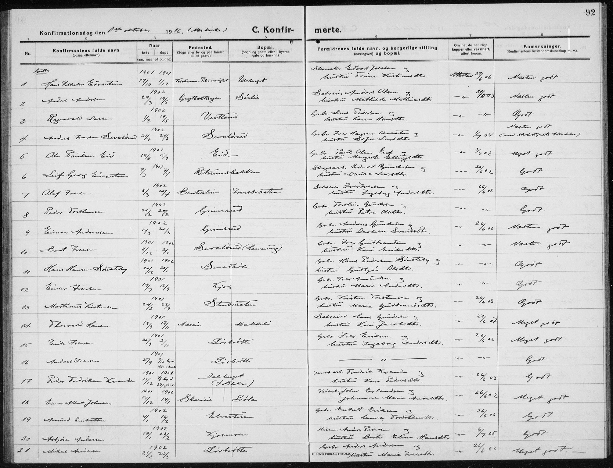 Brandbu prestekontor, SAH/PREST-114/H/Ha/Hab/L0001: Parish register (copy) no. 1, 1914-1937, p. 92