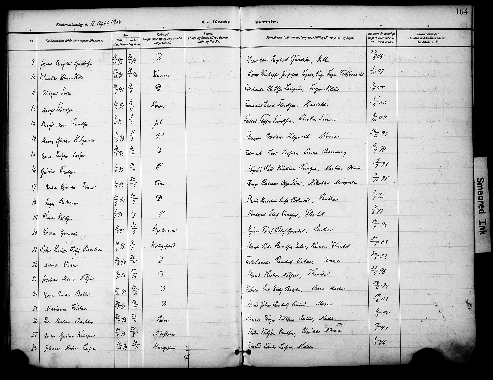 Domkirken sokneprestkontor, AV/SAST-A-101812/001/30/30BA/L0031: Parish register (official) no. A 30, 1896-1916, p. 164