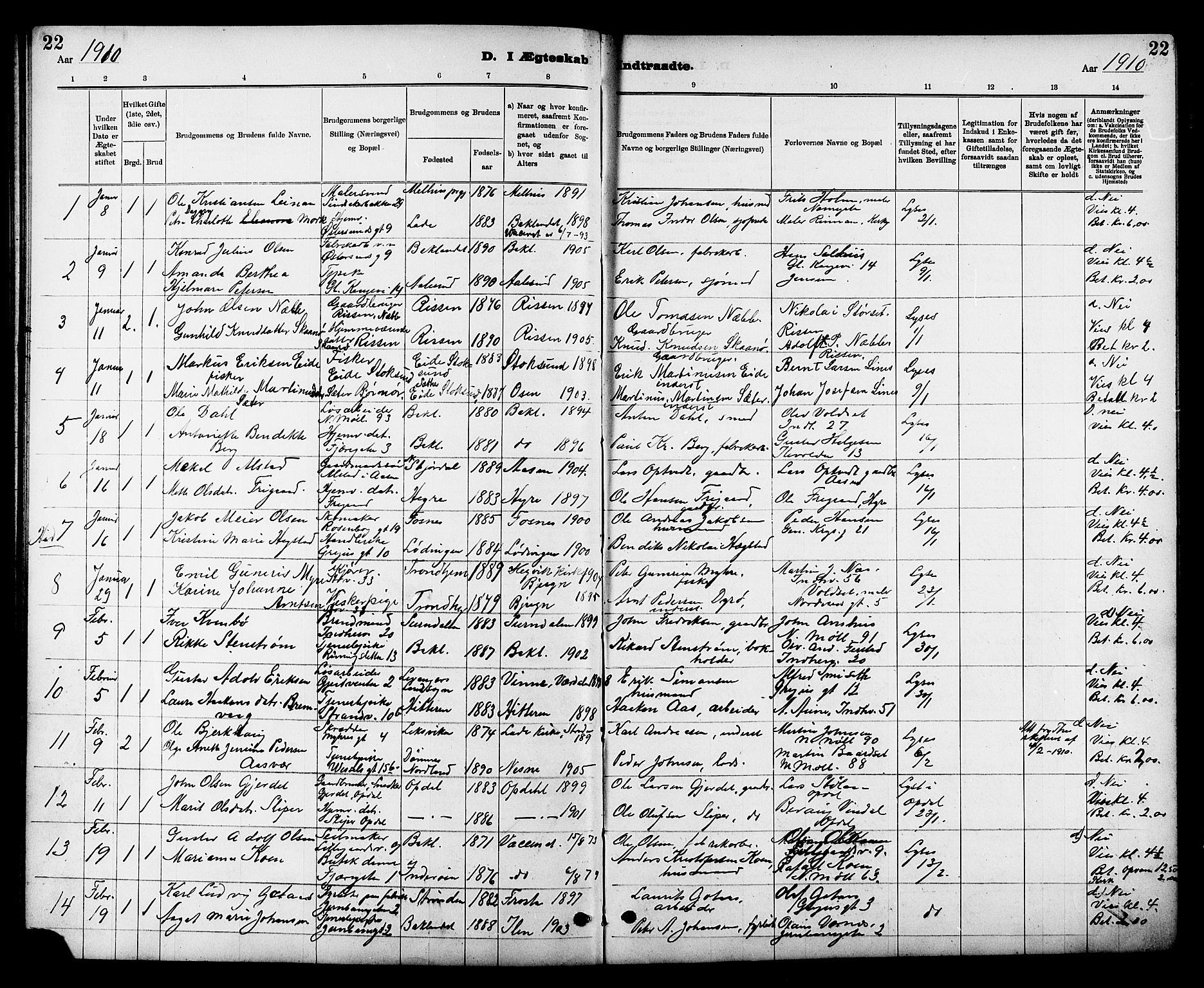 Ministerialprotokoller, klokkerbøker og fødselsregistre - Sør-Trøndelag, SAT/A-1456/605/L0255: Parish register (copy) no. 605C02, 1908-1918, p. 22