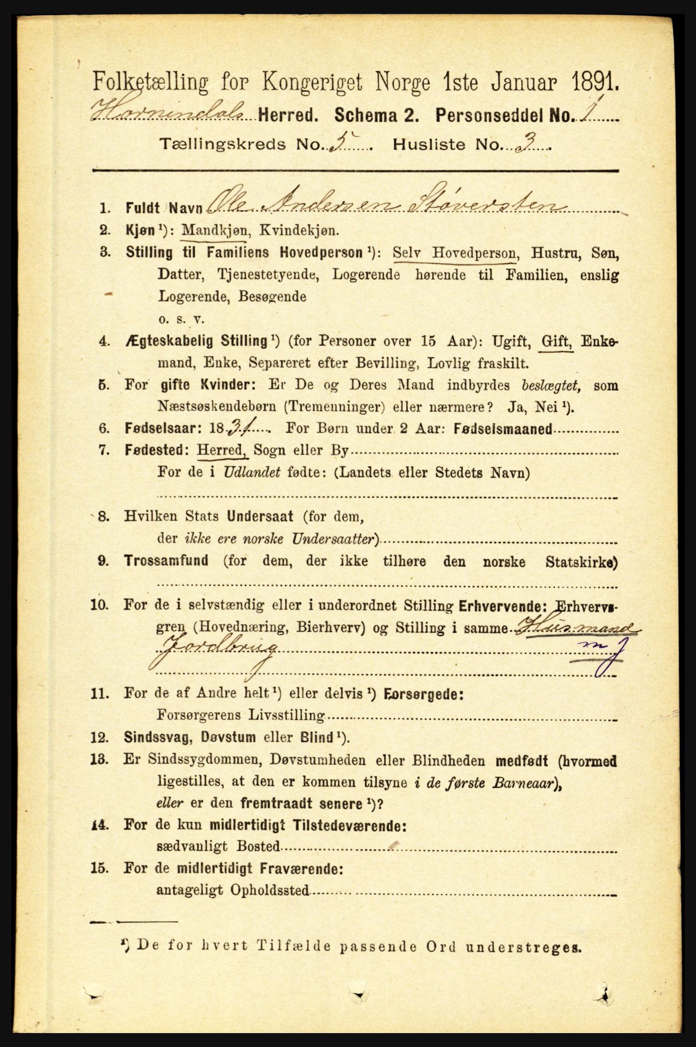 RA, 1891 census for 1444 Hornindal, 1891, p. 1153