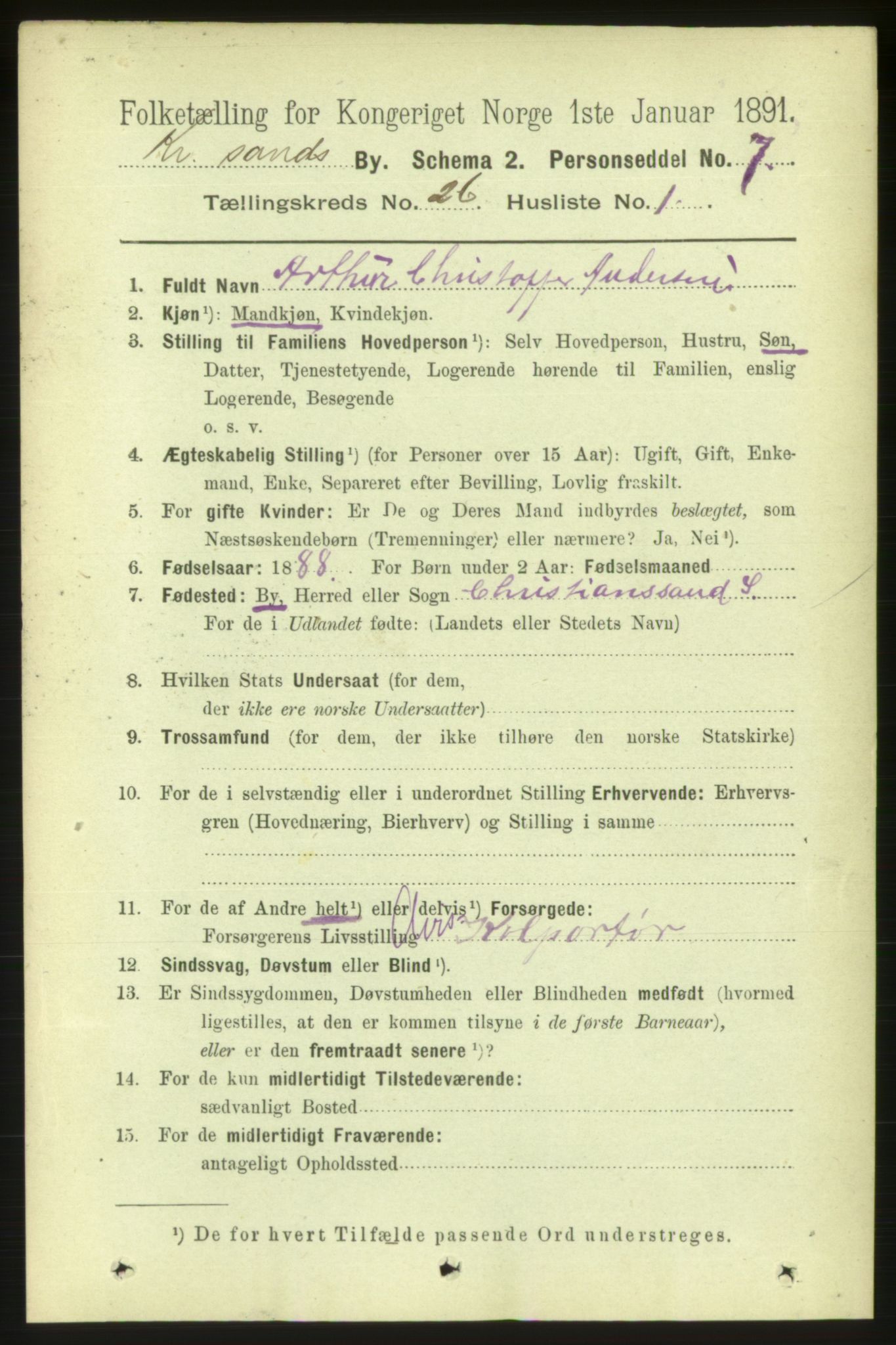 RA, 1891 census for 1001 Kristiansand, 1891, p. 8885