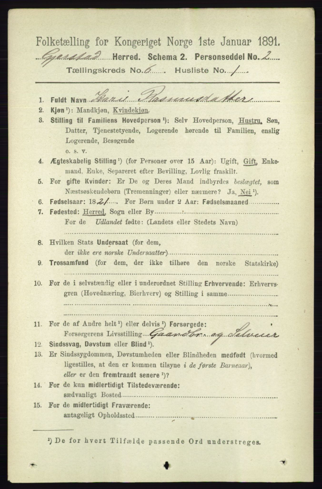 RA, 1891 census for 0911 Gjerstad, 1891, p. 2379