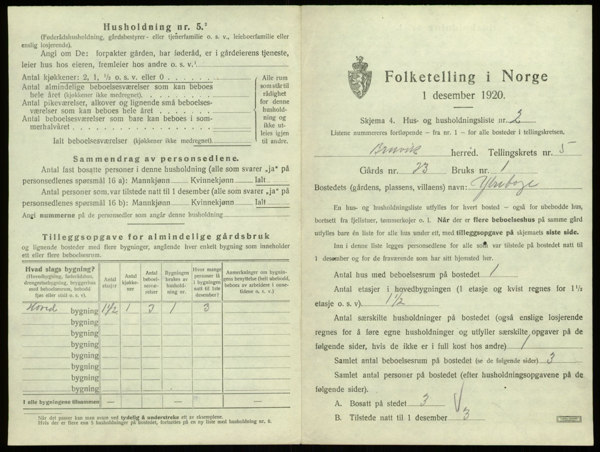 SAB, 1920 census for Bruvik, 1920, p. 273