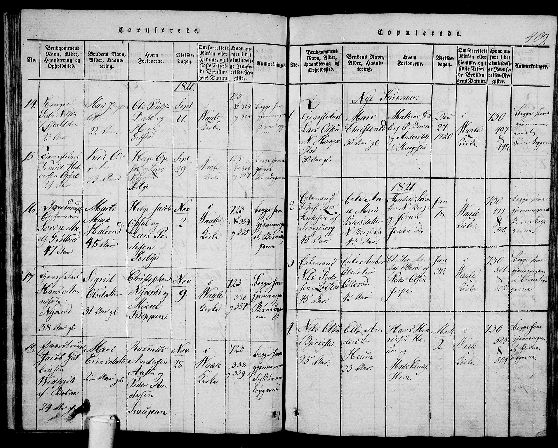 Våle kirkebøker, AV/SAKO-A-334/G/Ga/L0001: Parish register (copy) no. I 1, 1814-1824, p. 408-409