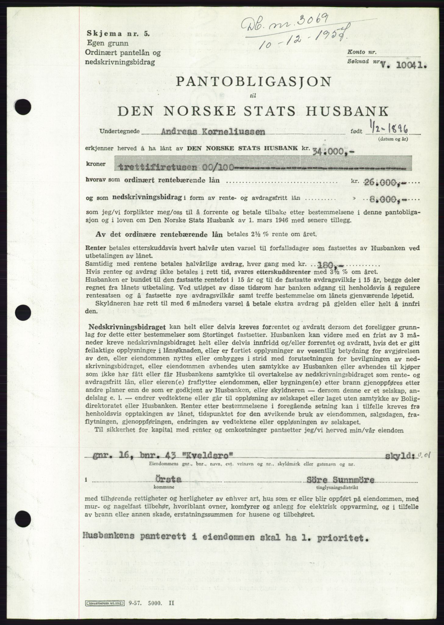 Søre Sunnmøre sorenskriveri, AV/SAT-A-4122/1/2/2C/L0130: Mortgage book no. 18B, 1957-1958, Diary no: : 3069/1957