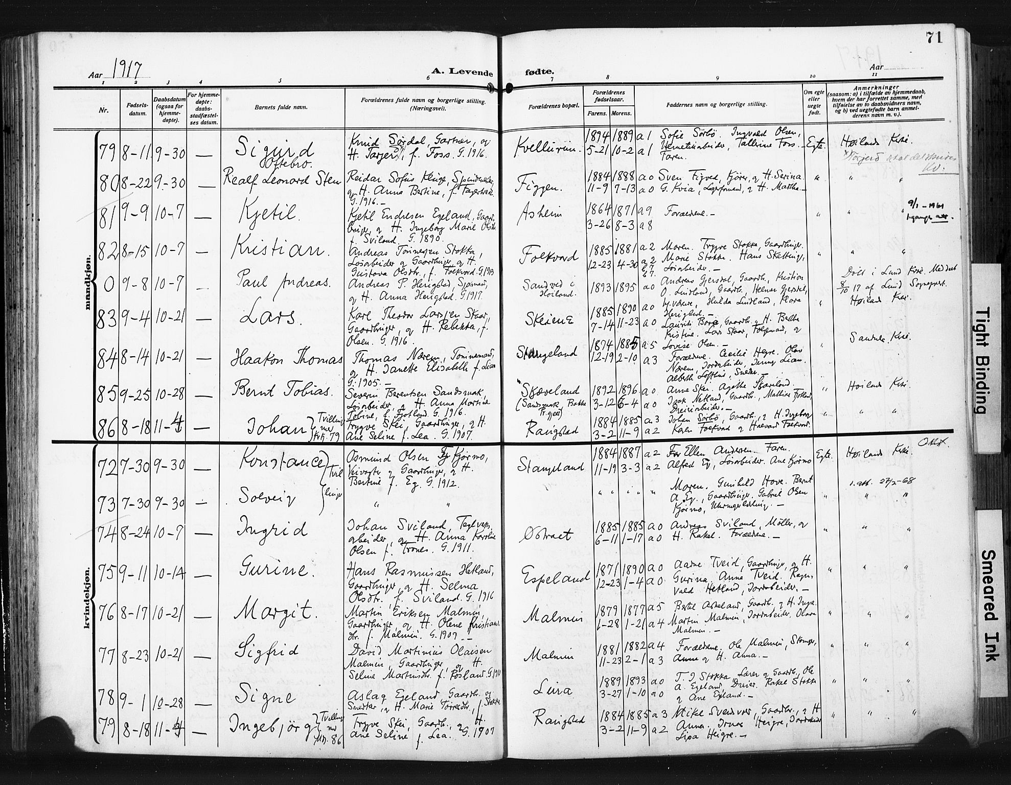 Høyland sokneprestkontor, AV/SAST-A-101799/001/30BA/L0017: Parish register (official) no. A 15, 1912-1924, p. 71