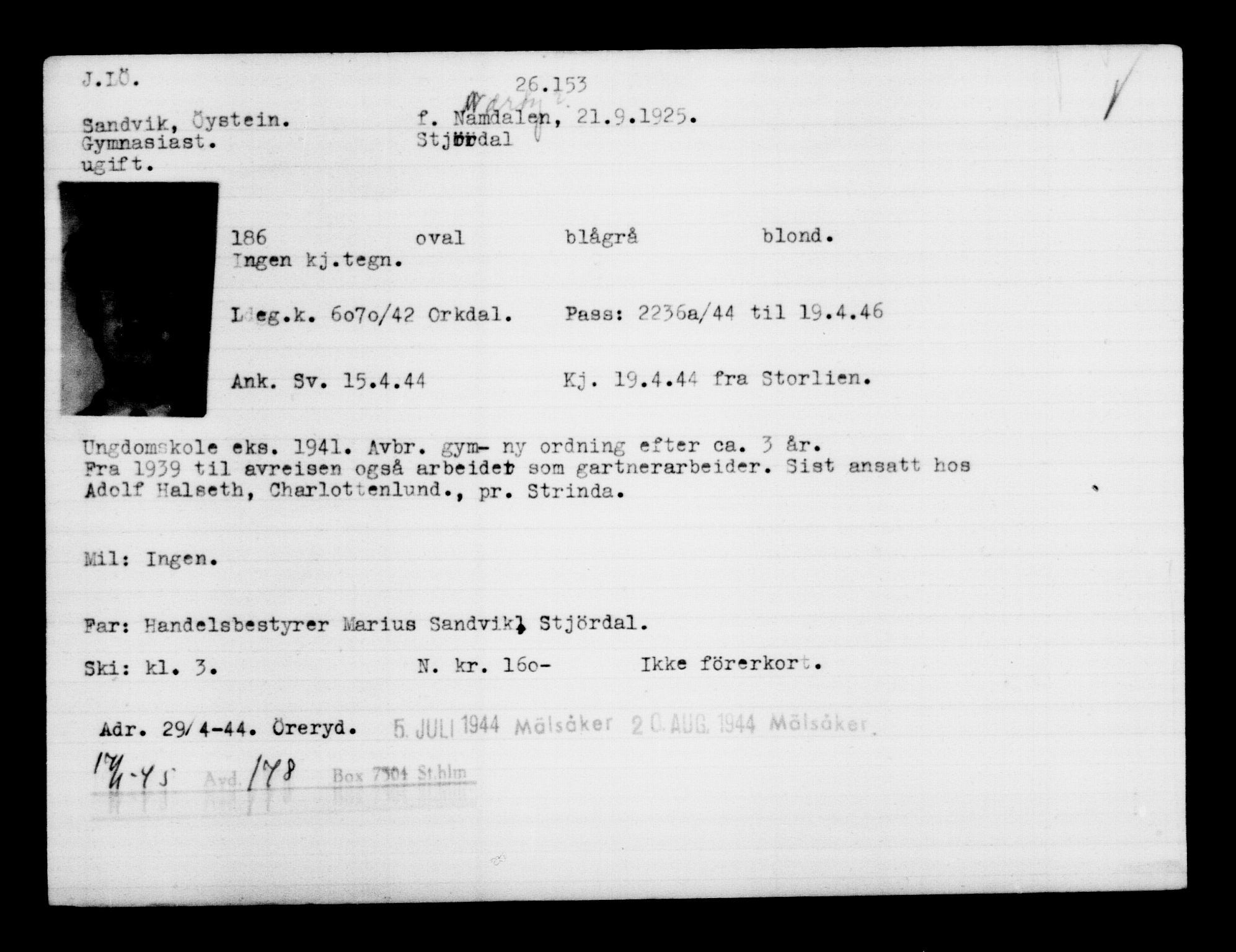 Utenriksstasjonene, Legasjonen i Stockholm, Flyktningkontoret, AV/RA-S-6753/V/Va/L0011: Kjesäterkartoteket, flyktninger med registreringsnr. 25300-28349, 1940-1945, p. 898