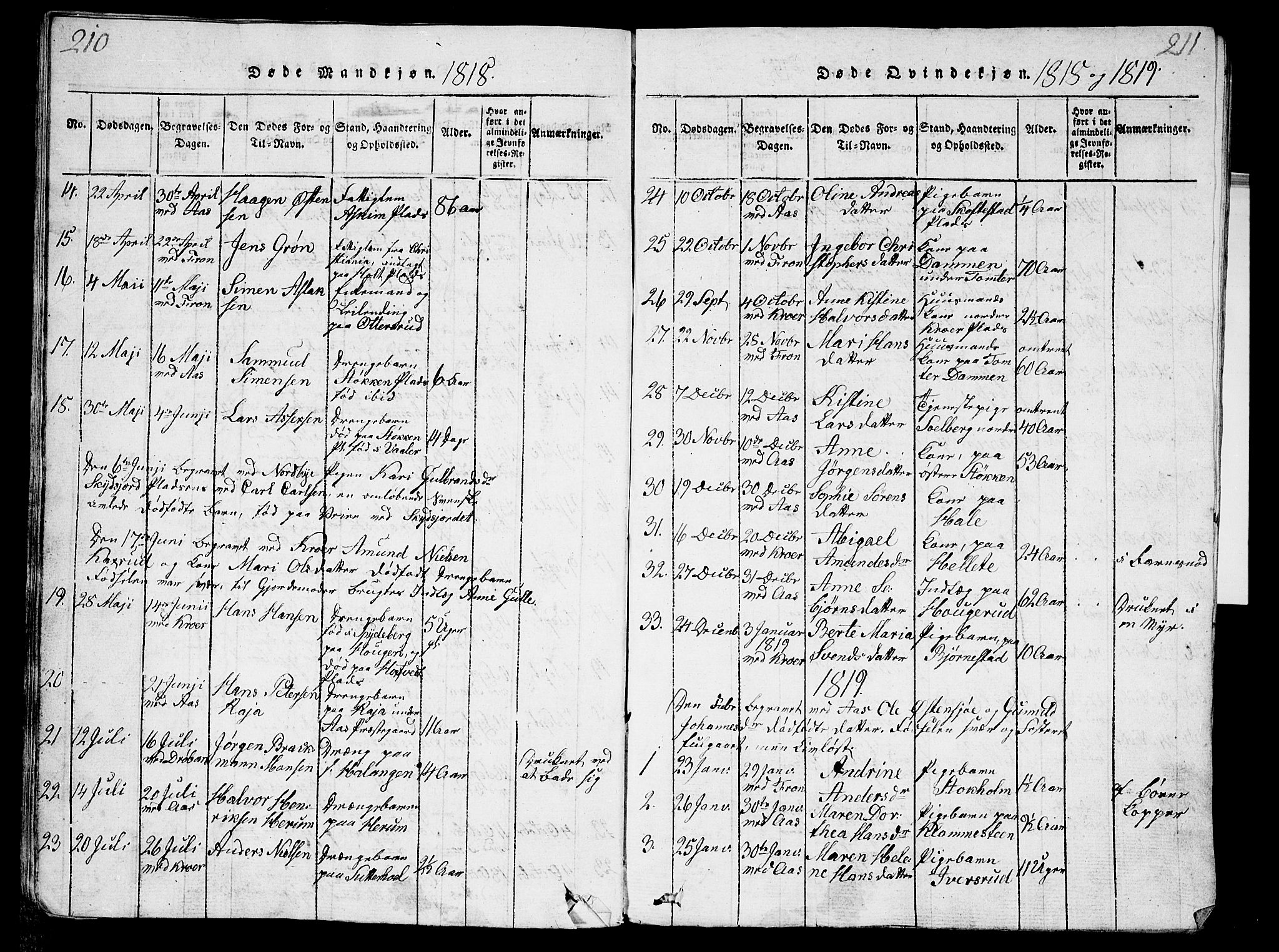 Ås prestekontor Kirkebøker, AV/SAO-A-10894/G/Ga/L0001: Parish register (copy) no. I 1, 1814-1820, p. 210-211