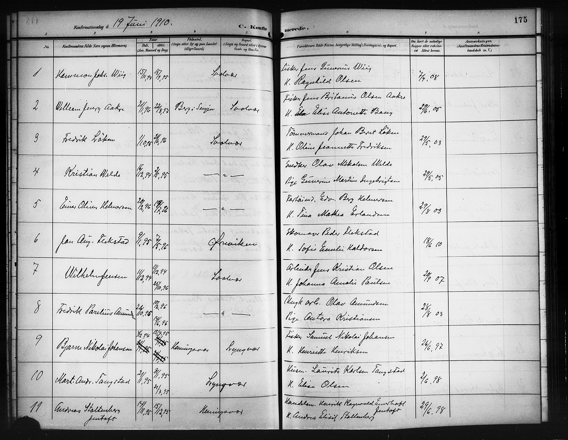 Ministerialprotokoller, klokkerbøker og fødselsregistre - Nordland, AV/SAT-A-1459/874/L1079: Parish register (copy) no. 874C08, 1907-1915, p. 175