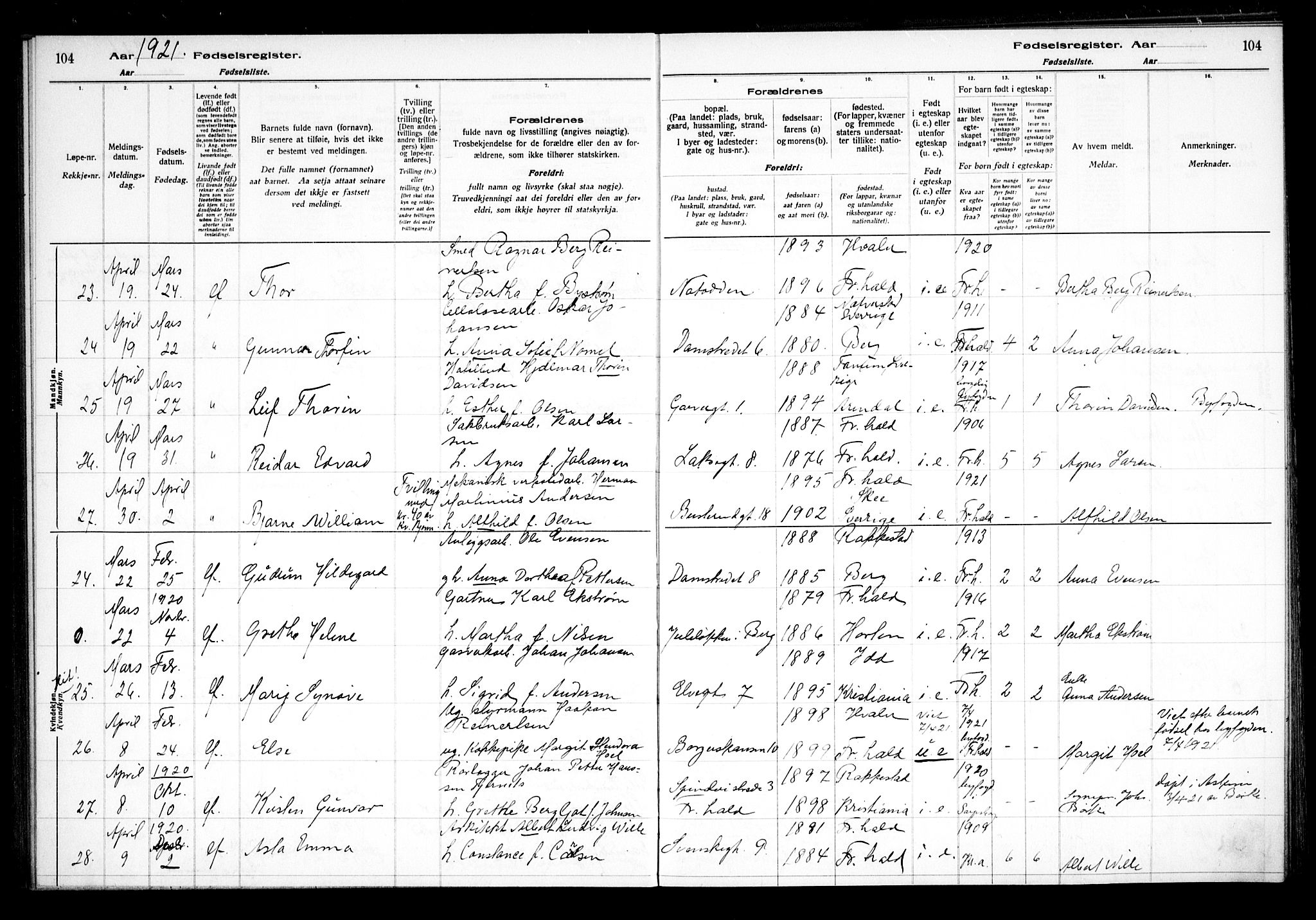 Halden prestekontor Kirkebøker, AV/SAO-A-10909/J/Ja/L0001: Birth register no. I 1, 1916-1925, p. 104