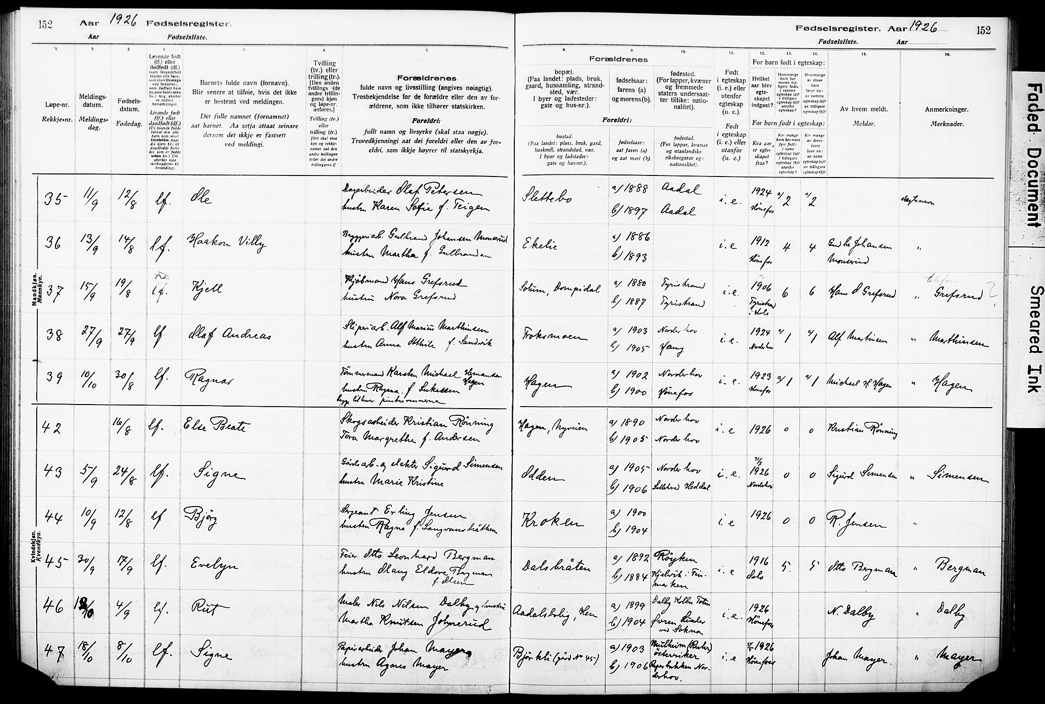 Norderhov kirkebøker, AV/SAKO-A-237/J/Ja/L0001: Birth register no. 1, 1916-1930, p. 152