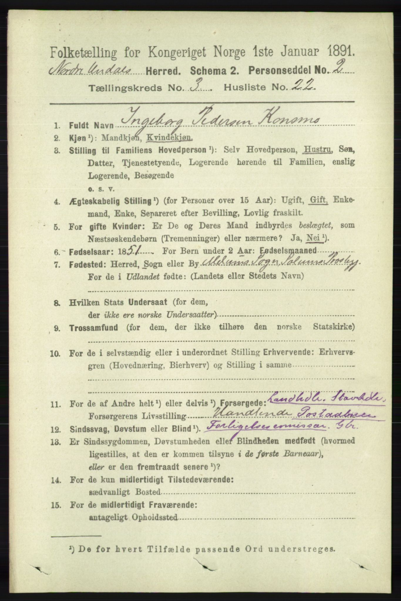 RA, 1891 census for 1028 Nord-Audnedal, 1891, p. 855