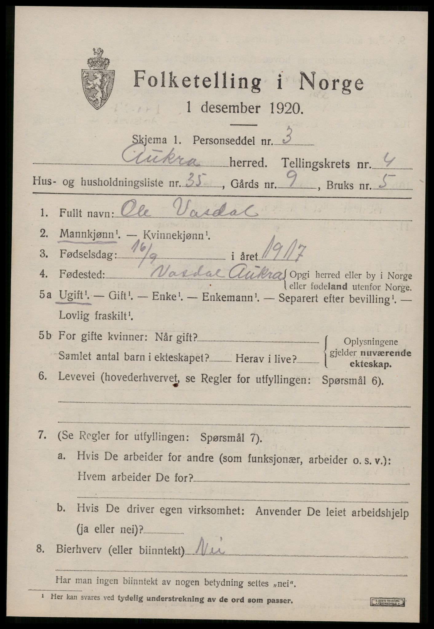 SAT, 1920 census for Aukra, 1920, p. 3193