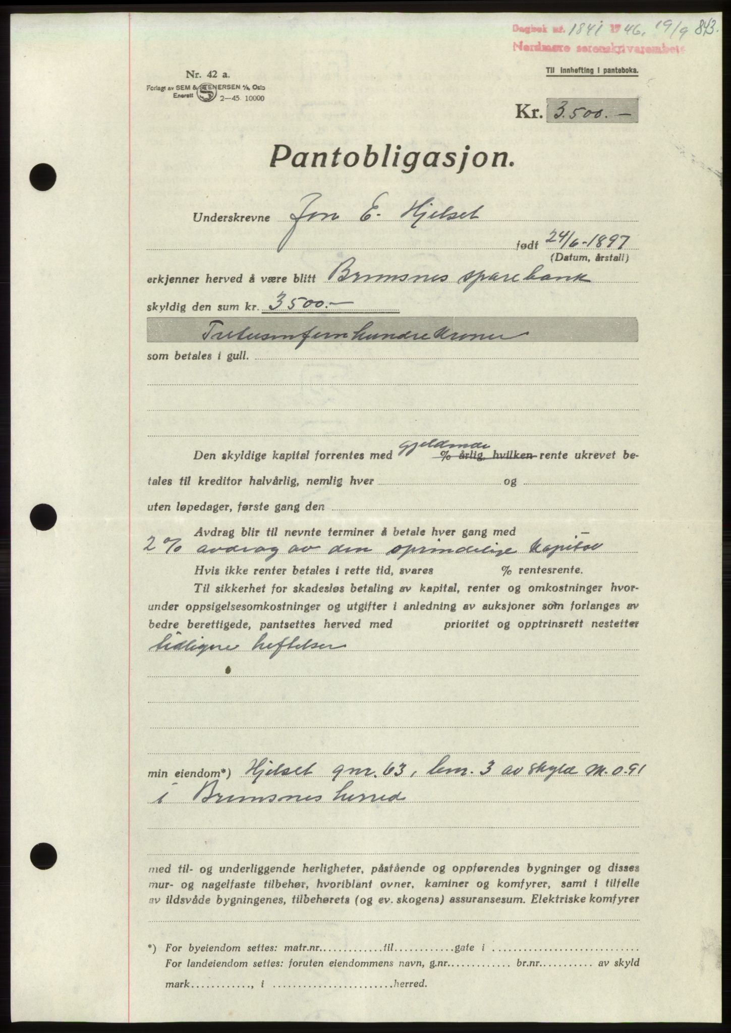 Nordmøre sorenskriveri, AV/SAT-A-4132/1/2/2Ca: Mortgage book no. B94, 1946-1946, Diary no: : 1841/1946