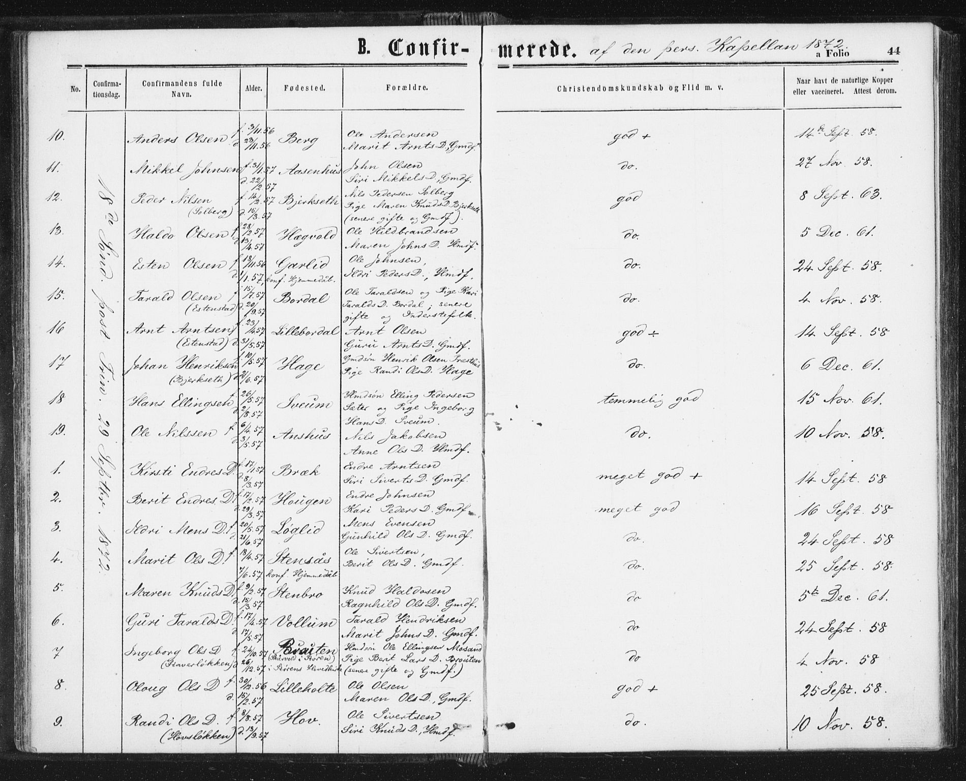 Ministerialprotokoller, klokkerbøker og fødselsregistre - Sør-Trøndelag, SAT/A-1456/689/L1039: Parish register (official) no. 689A04, 1865-1878, p. 44