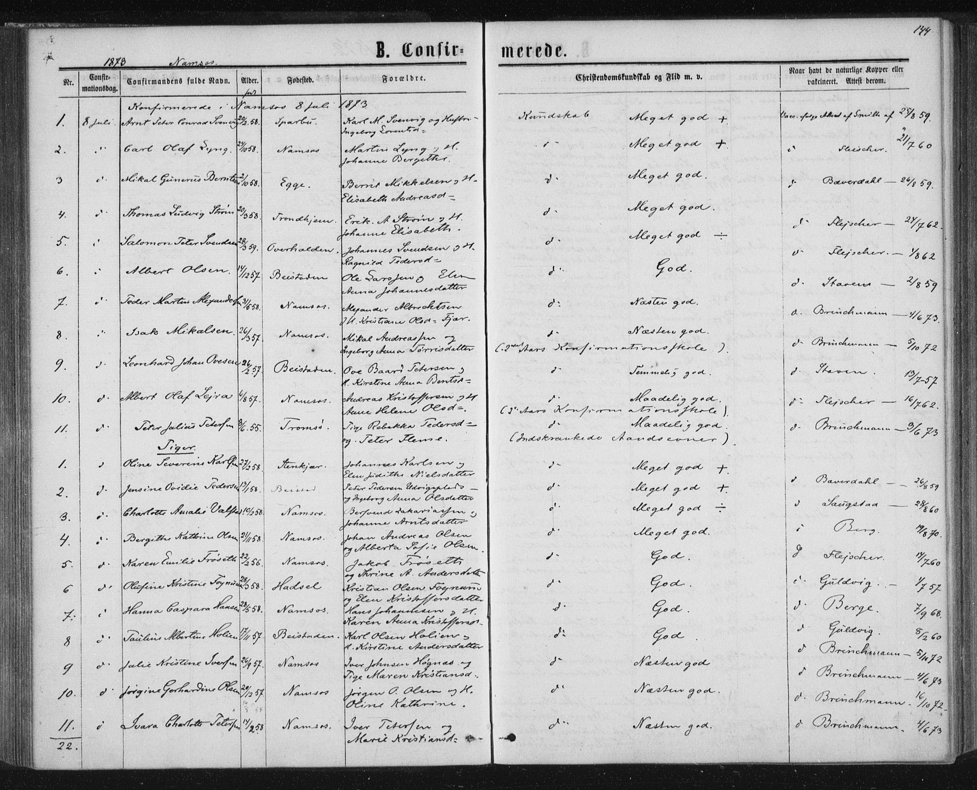 Ministerialprotokoller, klokkerbøker og fødselsregistre - Nord-Trøndelag, SAT/A-1458/768/L0570: Parish register (official) no. 768A05, 1865-1874, p. 144