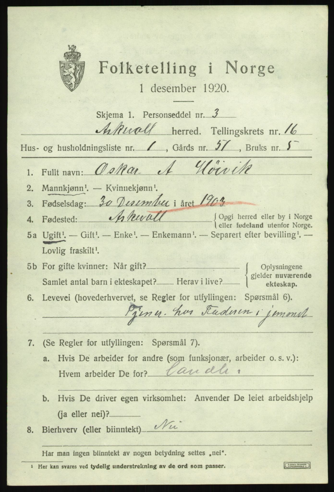 SAB, 1920 census for Askvoll, 1920, p. 5952