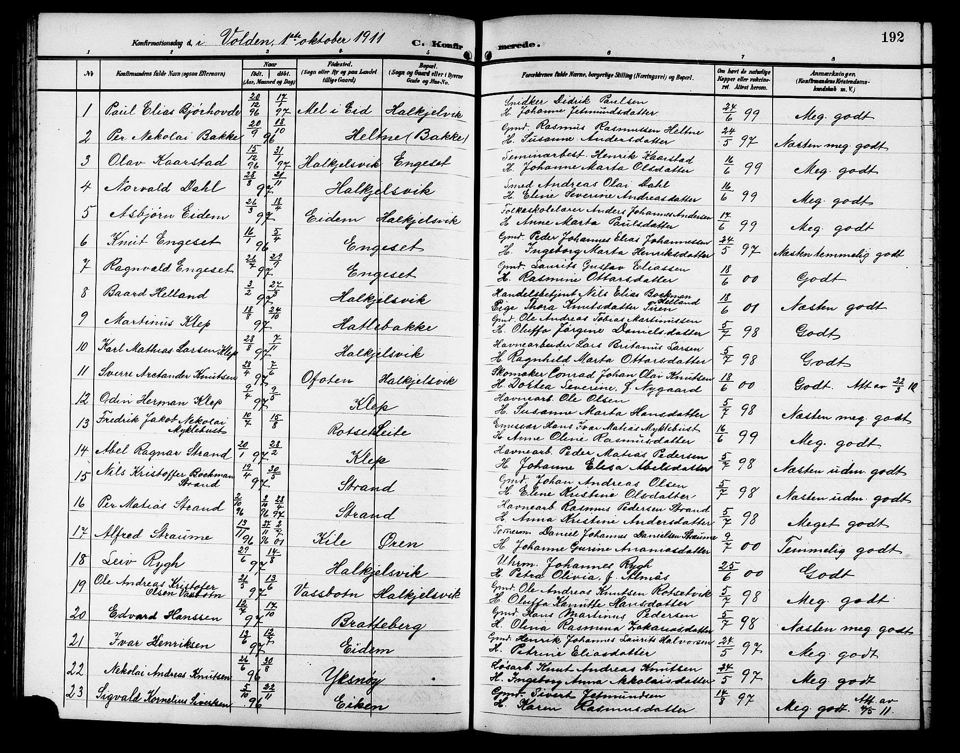 Ministerialprotokoller, klokkerbøker og fødselsregistre - Møre og Romsdal, SAT/A-1454/511/L0159: Parish register (copy) no. 511C05, 1902-1920, p. 192